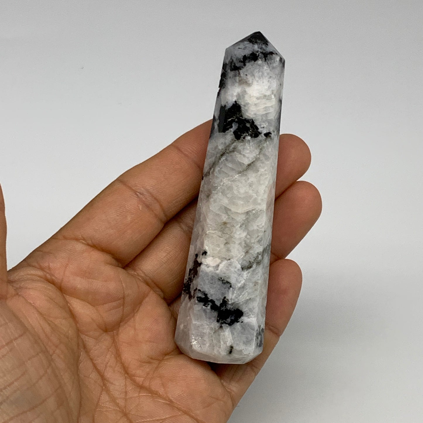 84.4g, 3.8"x1", Rainbow Moonstone Tower Obelisk Point Crystal @India, B29221