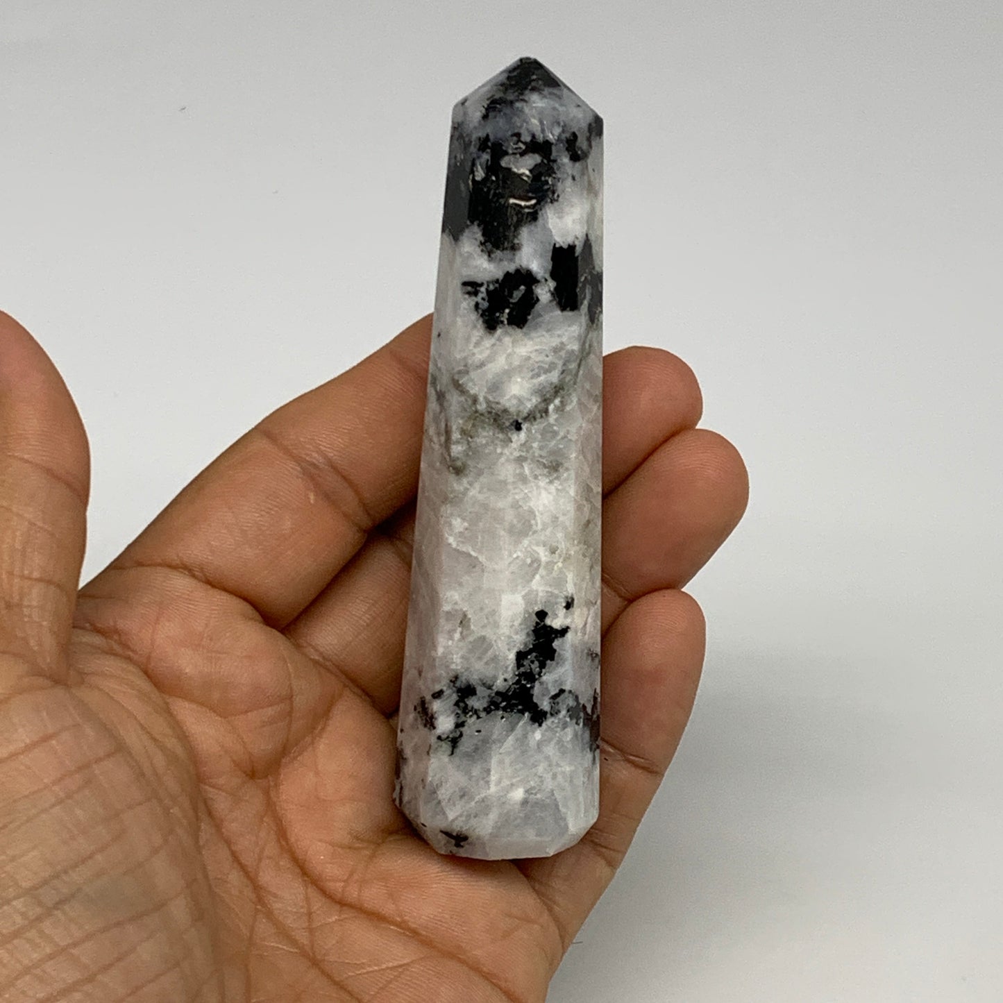 84.4g, 3.8"x1", Rainbow Moonstone Tower Obelisk Point Crystal @India, B29221