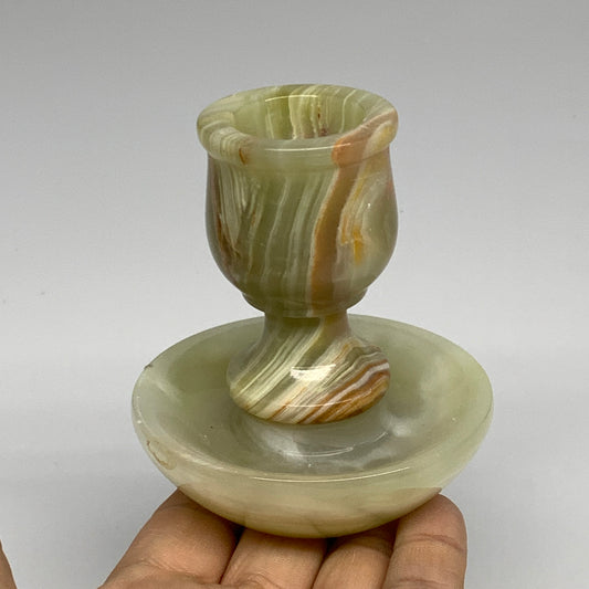 288g, 3.2"x1.5"x2.9", Natural Green Onyx Candle Holder Gemstone Hand Carved, B32