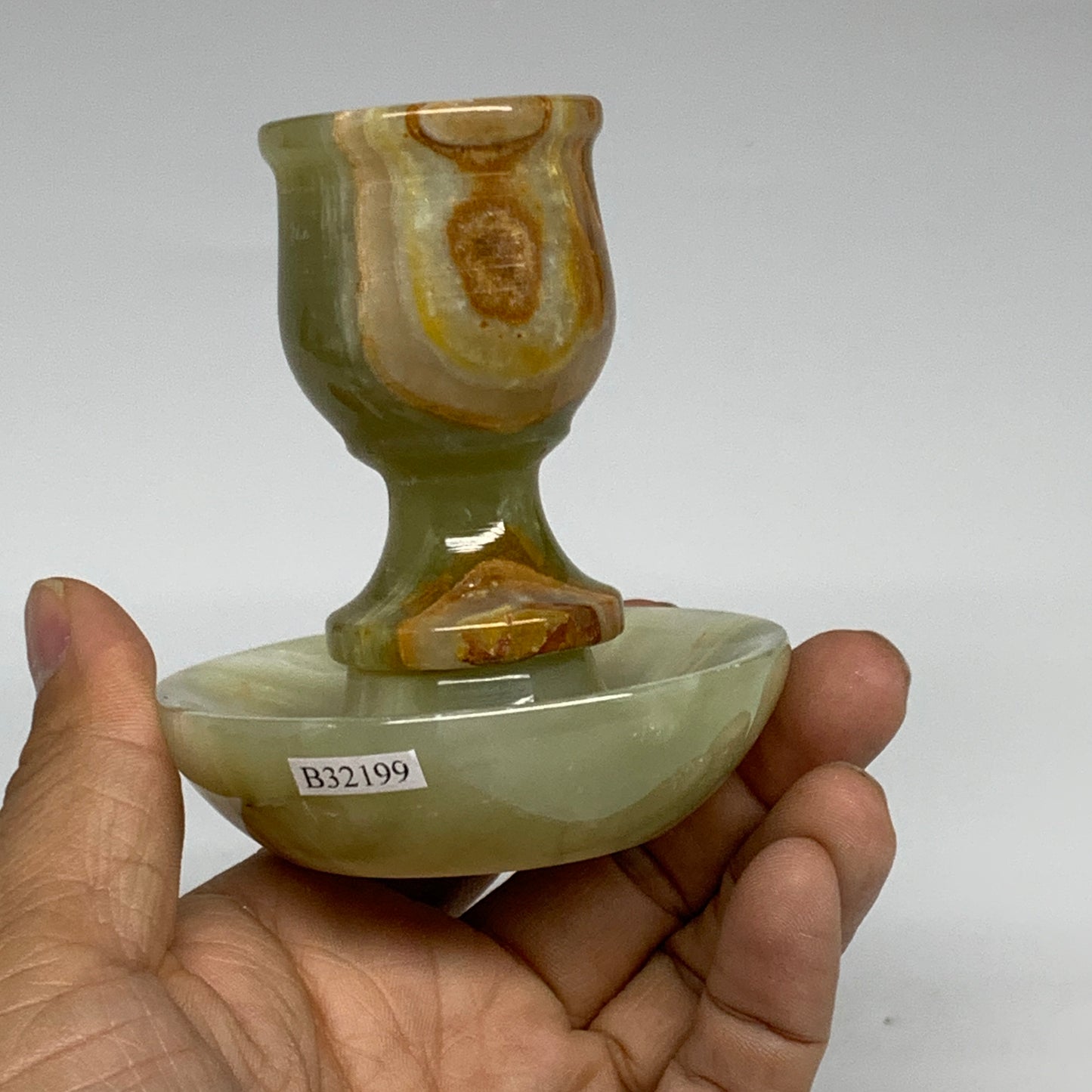 264g, 3.2"x1.5"x2.8", Natural Green Onyx Candle Holder Gemstone Hand Carved, B32