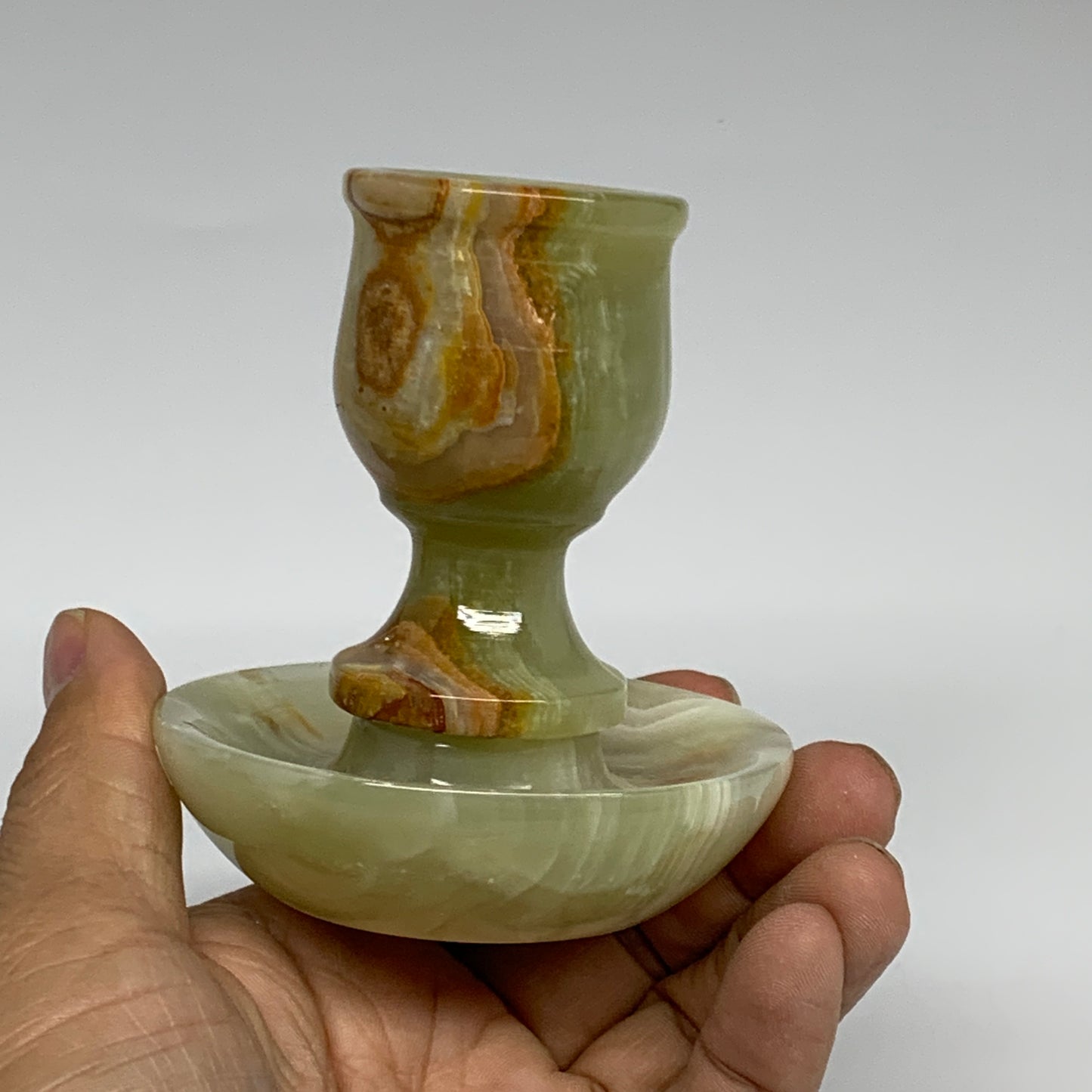 264g, 3.2"x1.5"x2.8", Natural Green Onyx Candle Holder Gemstone Hand Carved, B32