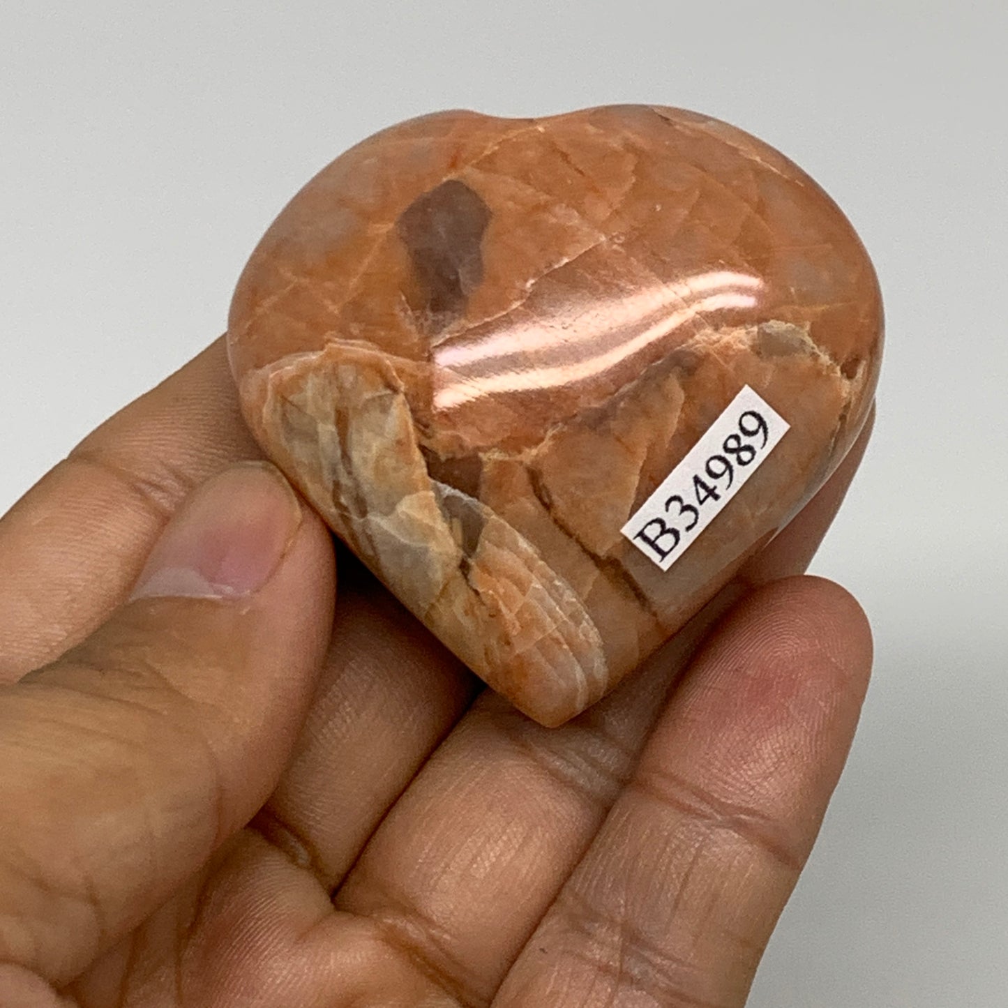 78.7g, 1.9"x2"x1.1", Peach Moonstone Heart Crystal Polished, B34989