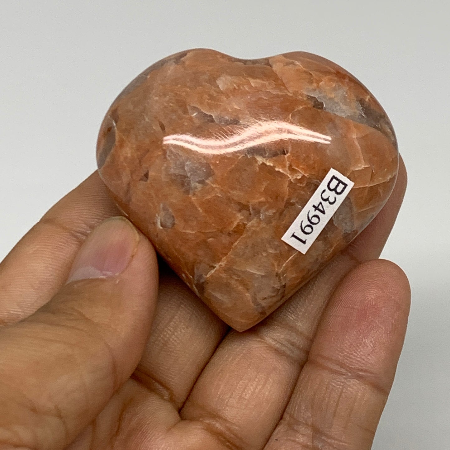 73.5g, 1.9"x2"x1", Peach Moonstone Heart Crystal Polished, B34991