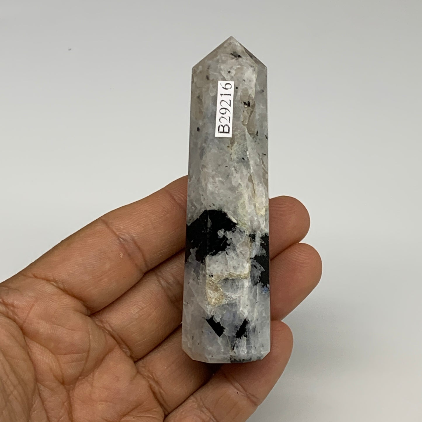 82.9g, 3.4"x1", Rainbow Moonstone Tower Obelisk Point Crystal @India, B29216