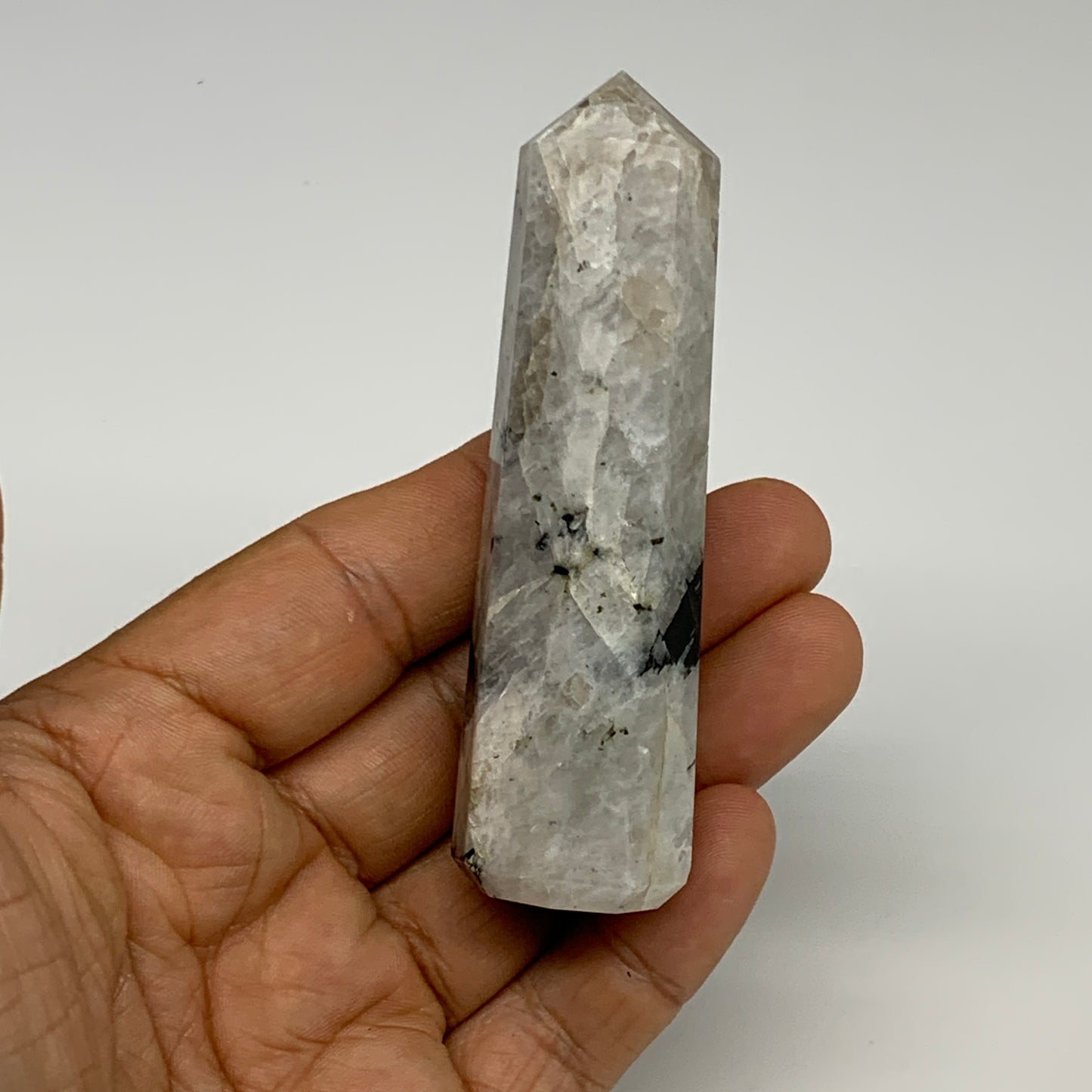 82.9g, 3.4"x1", Rainbow Moonstone Tower Obelisk Point Crystal @India, B29216