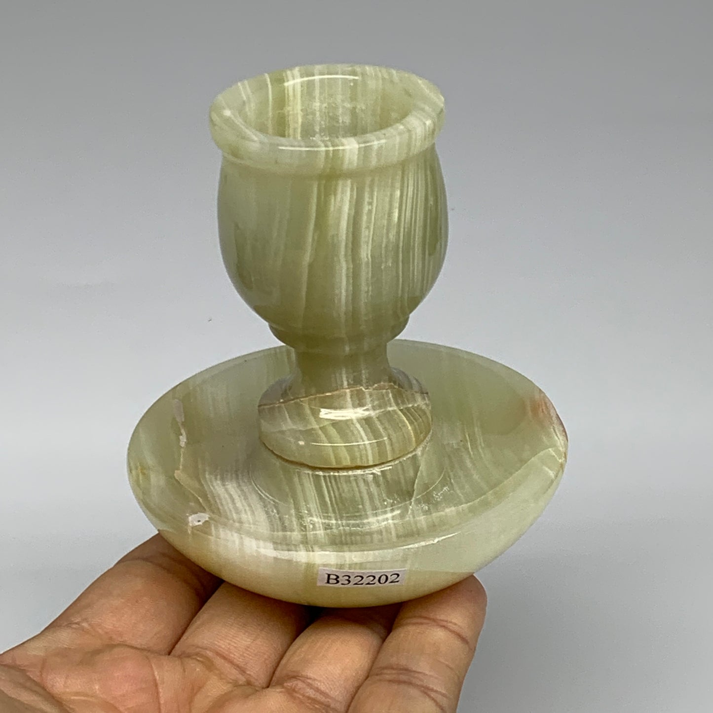 270g, 3.2"x1.5"x3", Natural Green Onyx Candle Holder Gemstone Hand Carved, B3220