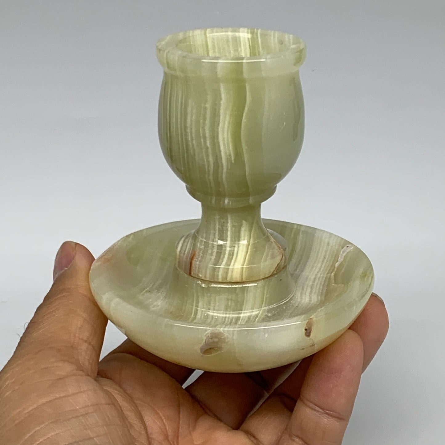 270g, 3.2"x1.5"x3", Natural Green Onyx Candle Holder Gemstone Hand Carved, B3220