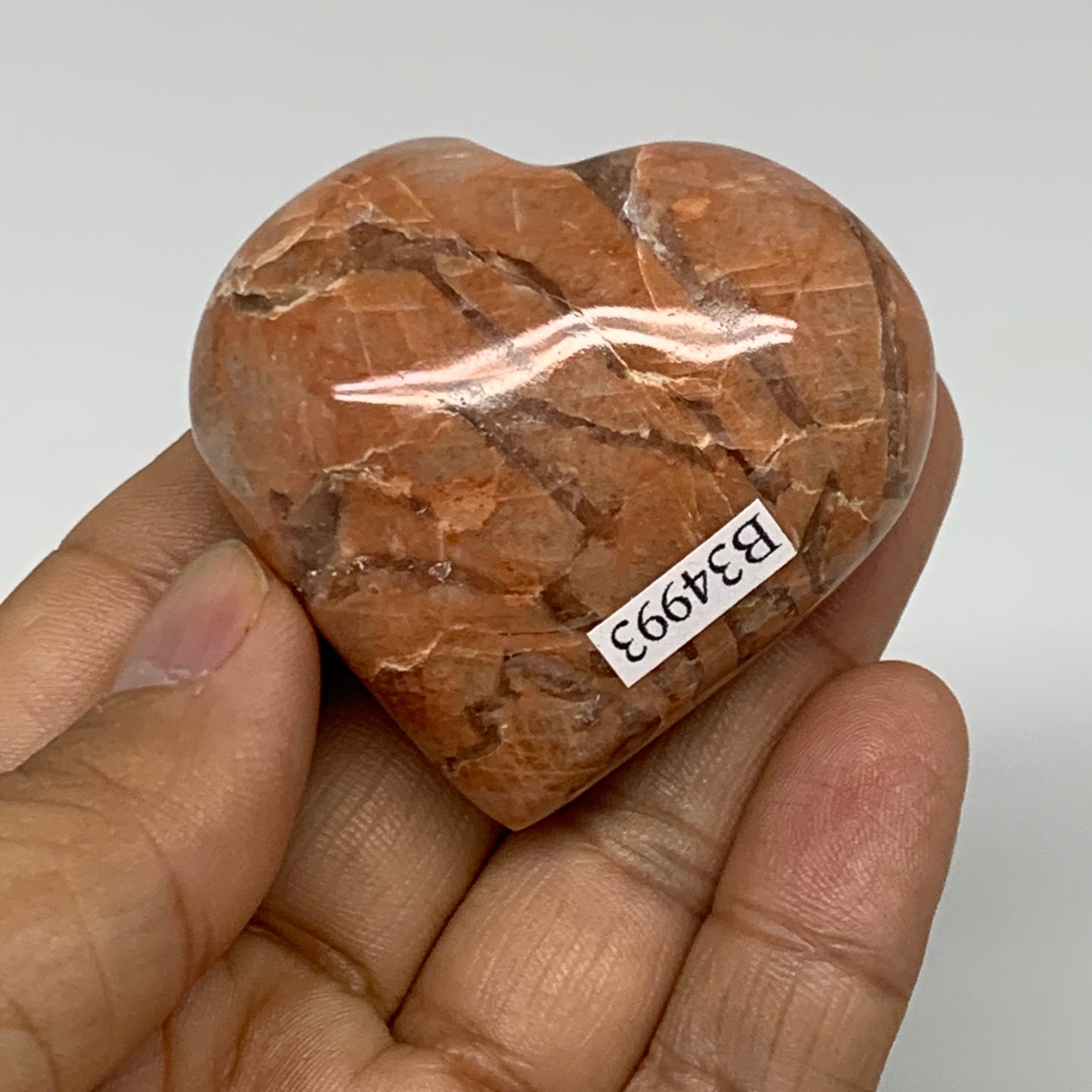 75.9g, 1.9"x2"x1", Peach Moonstone Heart Crystal Polished, B34993