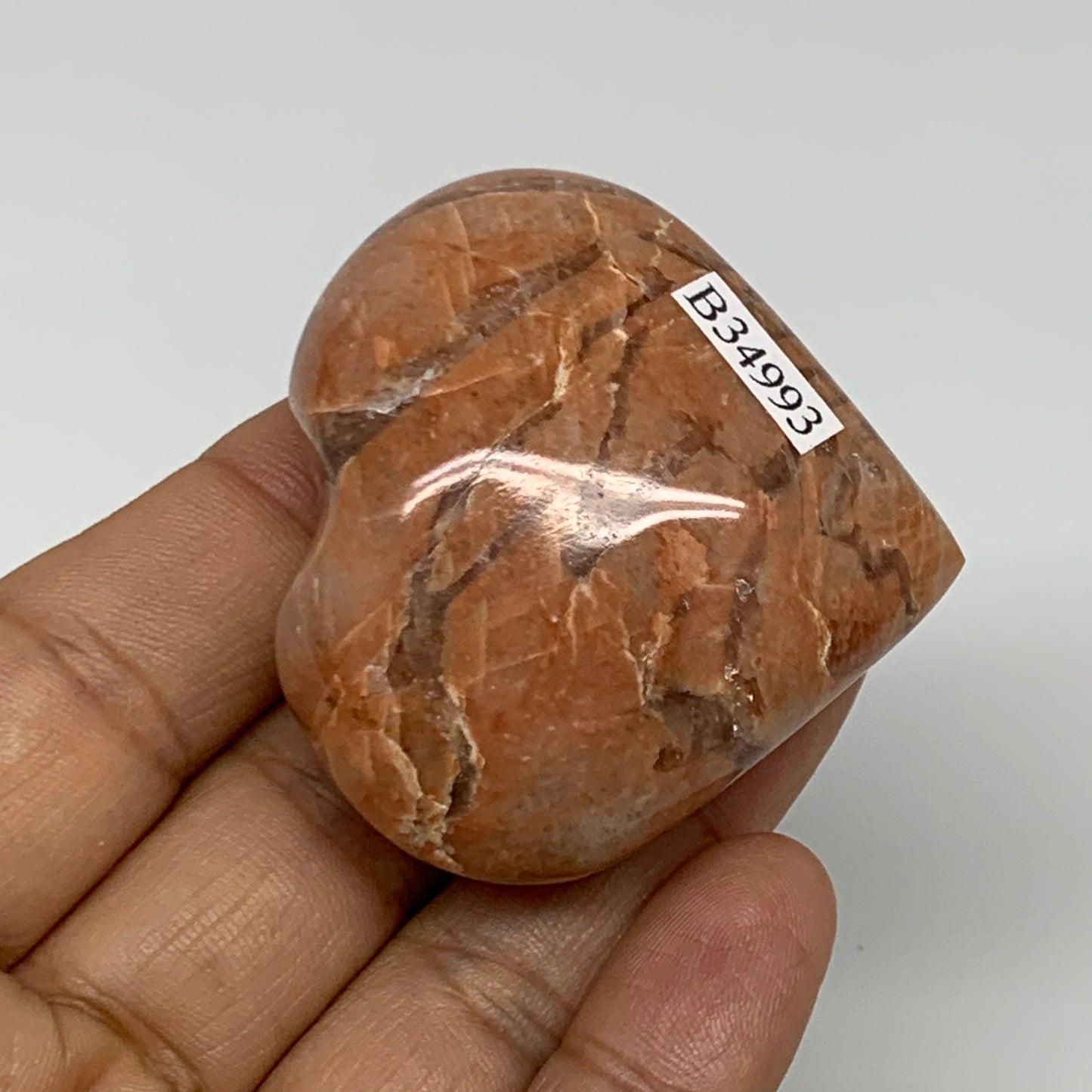 75.9g, 1.9"x2"x1", Peach Moonstone Heart Crystal Polished, B34993