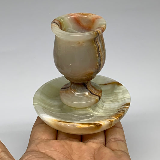 245g, 3.1"x1.5"x2.9", Natural Green Onyx Candle Holder Gemstone Hand Carved, B32