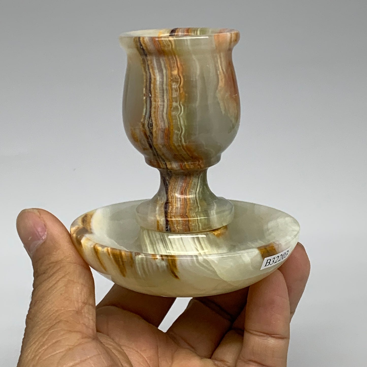 245g, 3.1"x1.5"x2.9", Natural Green Onyx Candle Holder Gemstone Hand Carved, B32