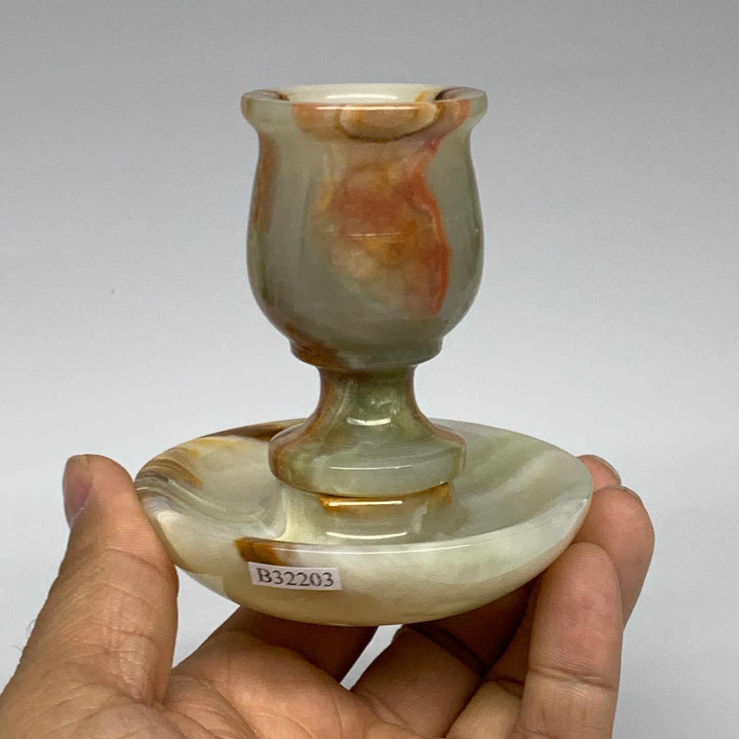 245g, 3.1"x1.5"x2.9", Natural Green Onyx Candle Holder Gemstone Hand Carved, B32