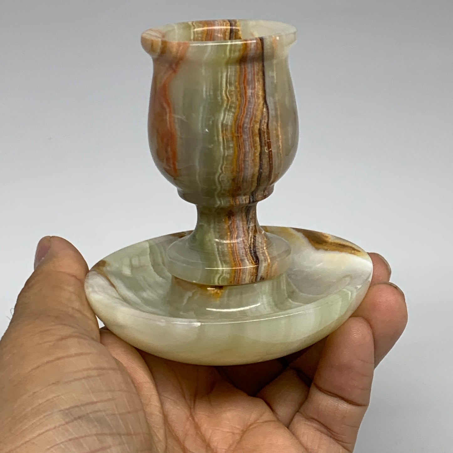 245g, 3.1"x1.5"x2.9", Natural Green Onyx Candle Holder Gemstone Hand Carved, B32