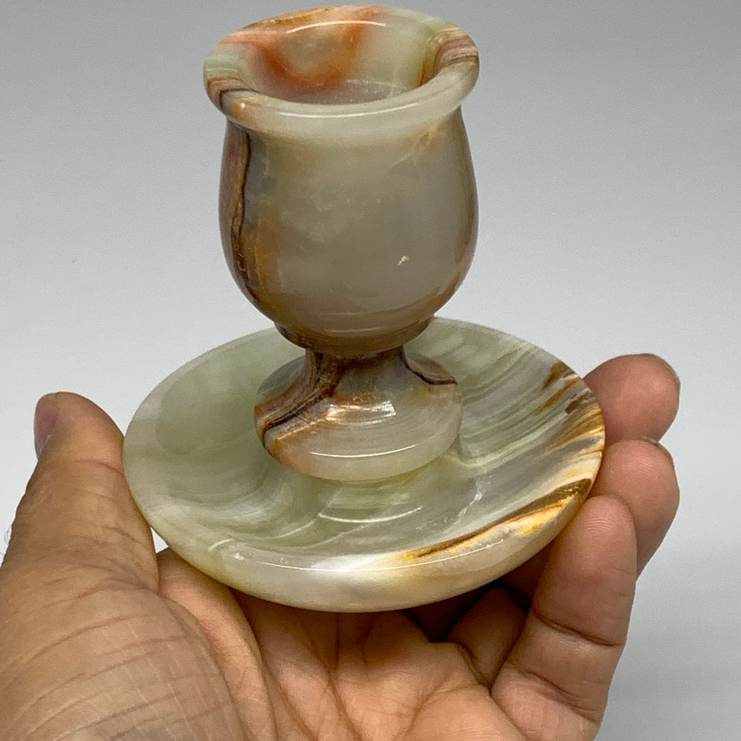 245g, 3.1"x1.5"x2.9", Natural Green Onyx Candle Holder Gemstone Hand Carved, B32