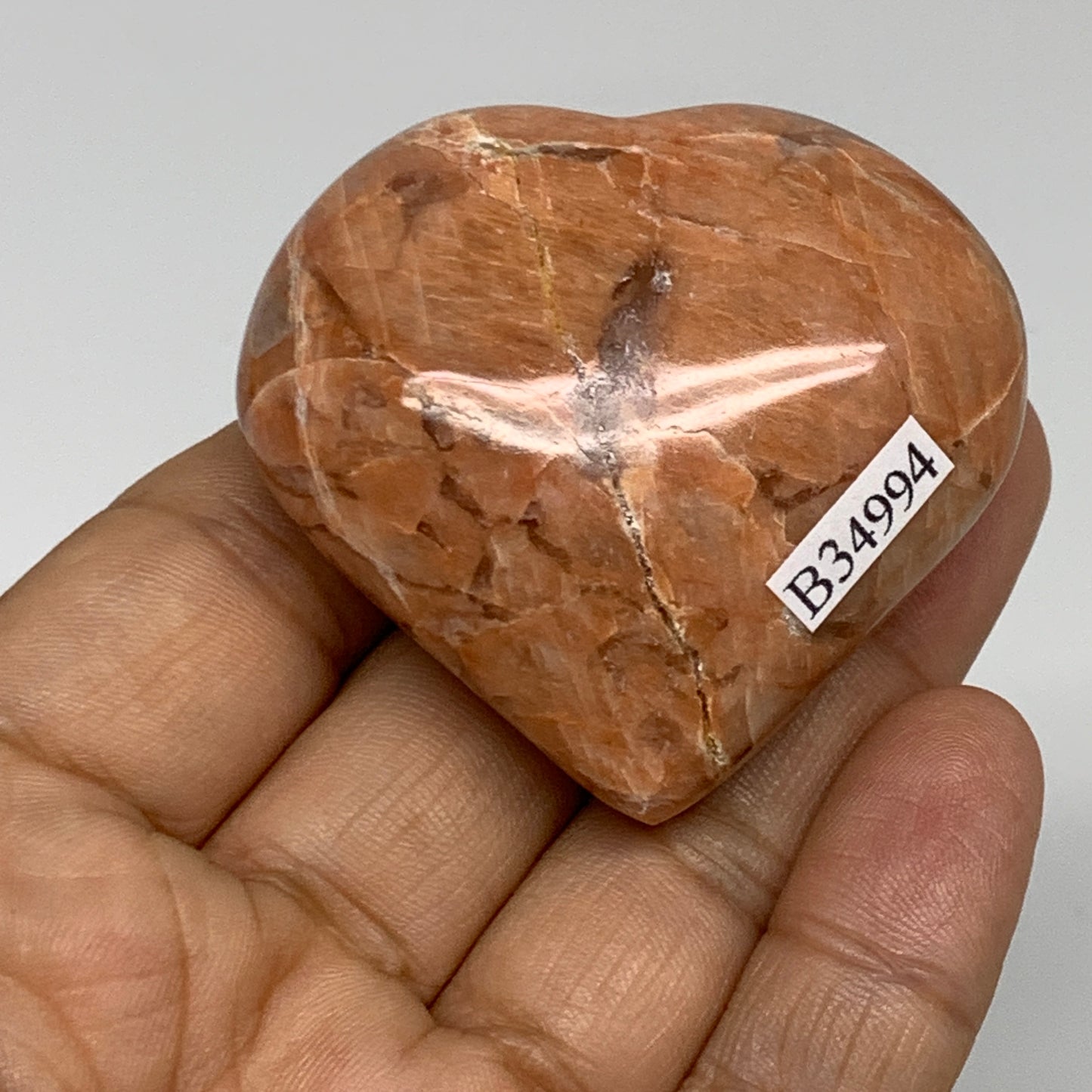 75.1g, 1.9"x2"x1", Peach Moonstone Heart Crystal Polished, B34994