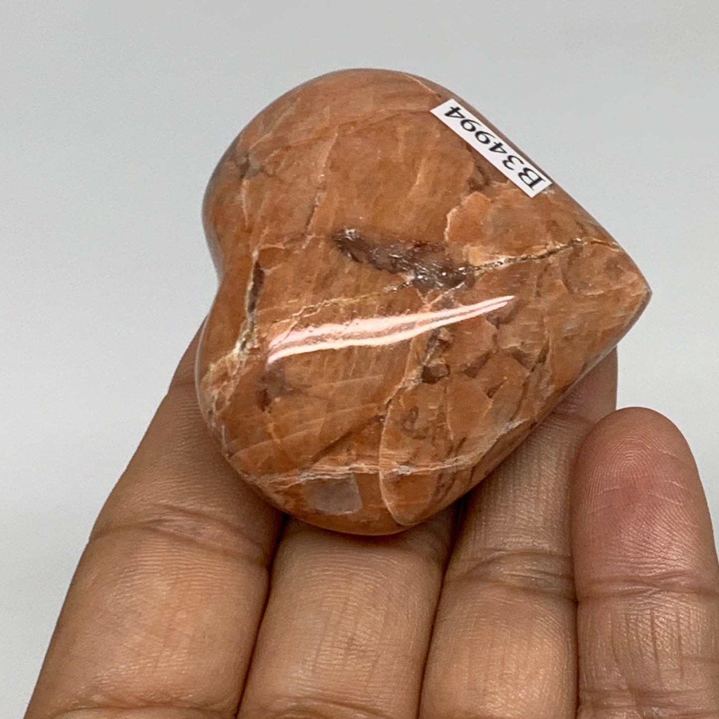75.1g, 1.9"x2"x1", Peach Moonstone Heart Crystal Polished, B34994