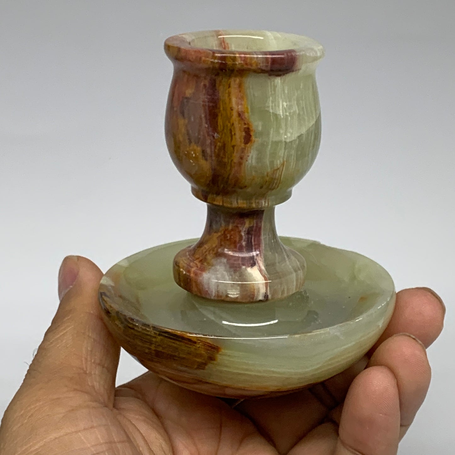 266g, 3.2"x1.4"x2.9", Natural Green Onyx Candle Holder Gemstone Hand Carved, B32