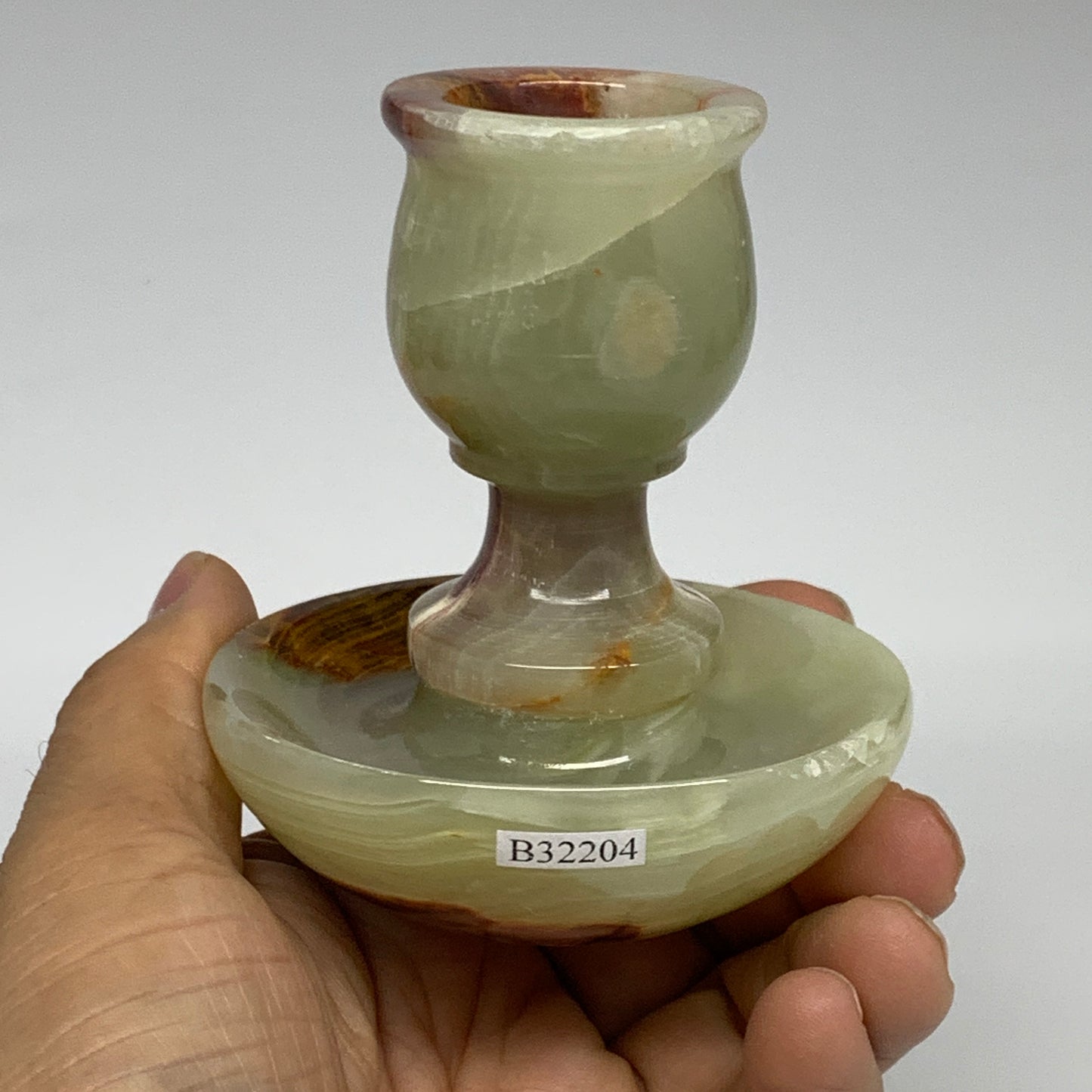 266g, 3.2"x1.4"x2.9", Natural Green Onyx Candle Holder Gemstone Hand Carved, B32