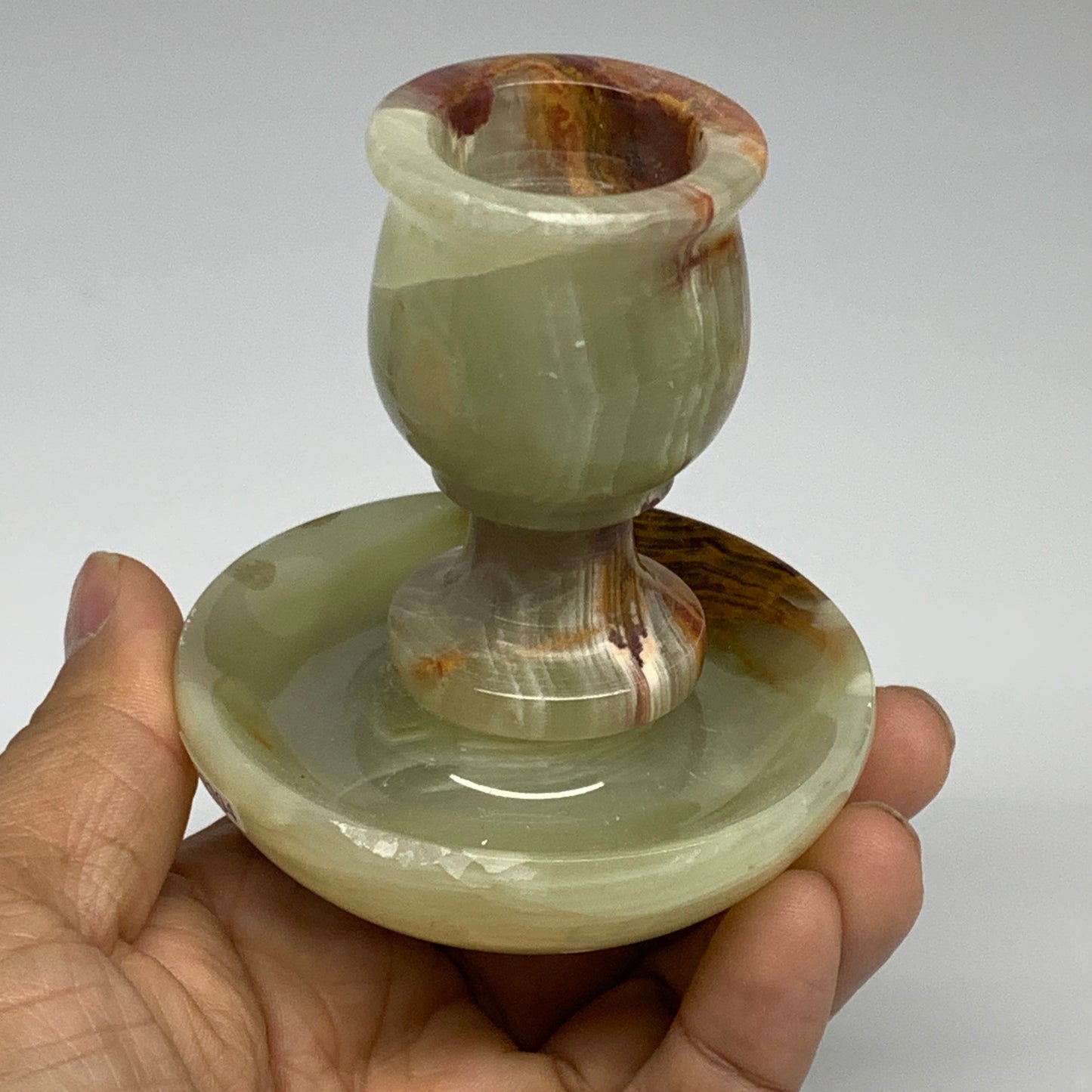 266g, 3.2"x1.4"x2.9", Natural Green Onyx Candle Holder Gemstone Hand Carved, B32