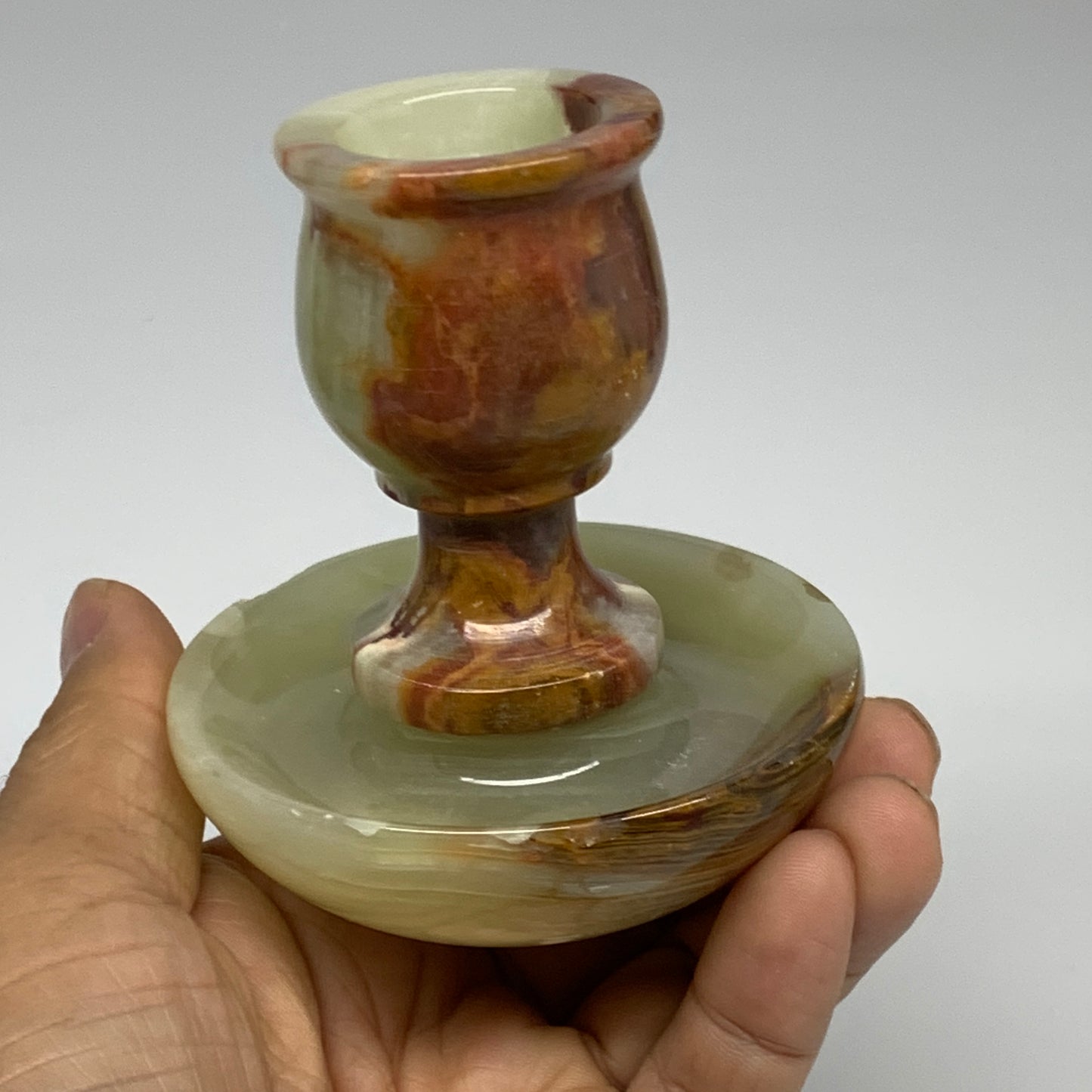 266g, 3.2"x1.4"x2.9", Natural Green Onyx Candle Holder Gemstone Hand Carved, B32