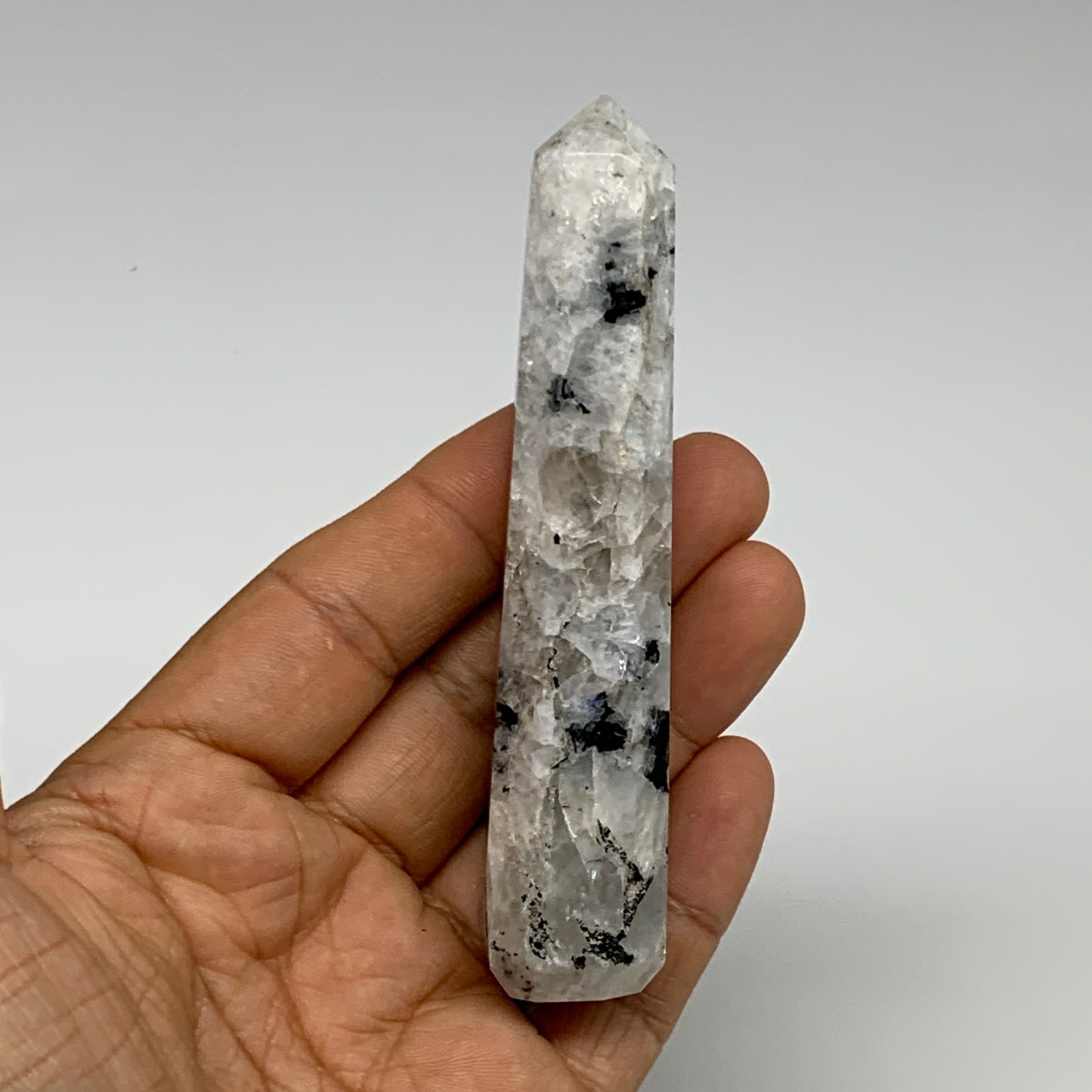 73.1g, 4"x0.9", Rainbow Moonstone Tower Obelisk Point Crystal @India, B29212
