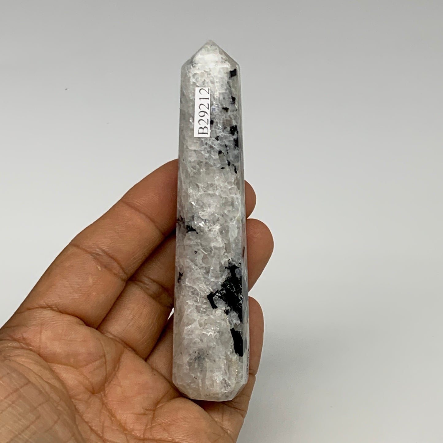 73.1g, 4"x0.9", Rainbow Moonstone Tower Obelisk Point Crystal @India, B29212