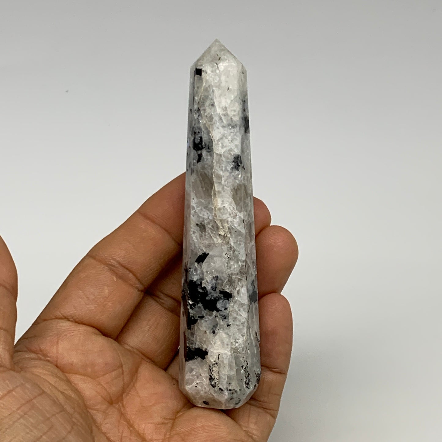 73.1g, 4"x0.9", Rainbow Moonstone Tower Obelisk Point Crystal @India, B29212