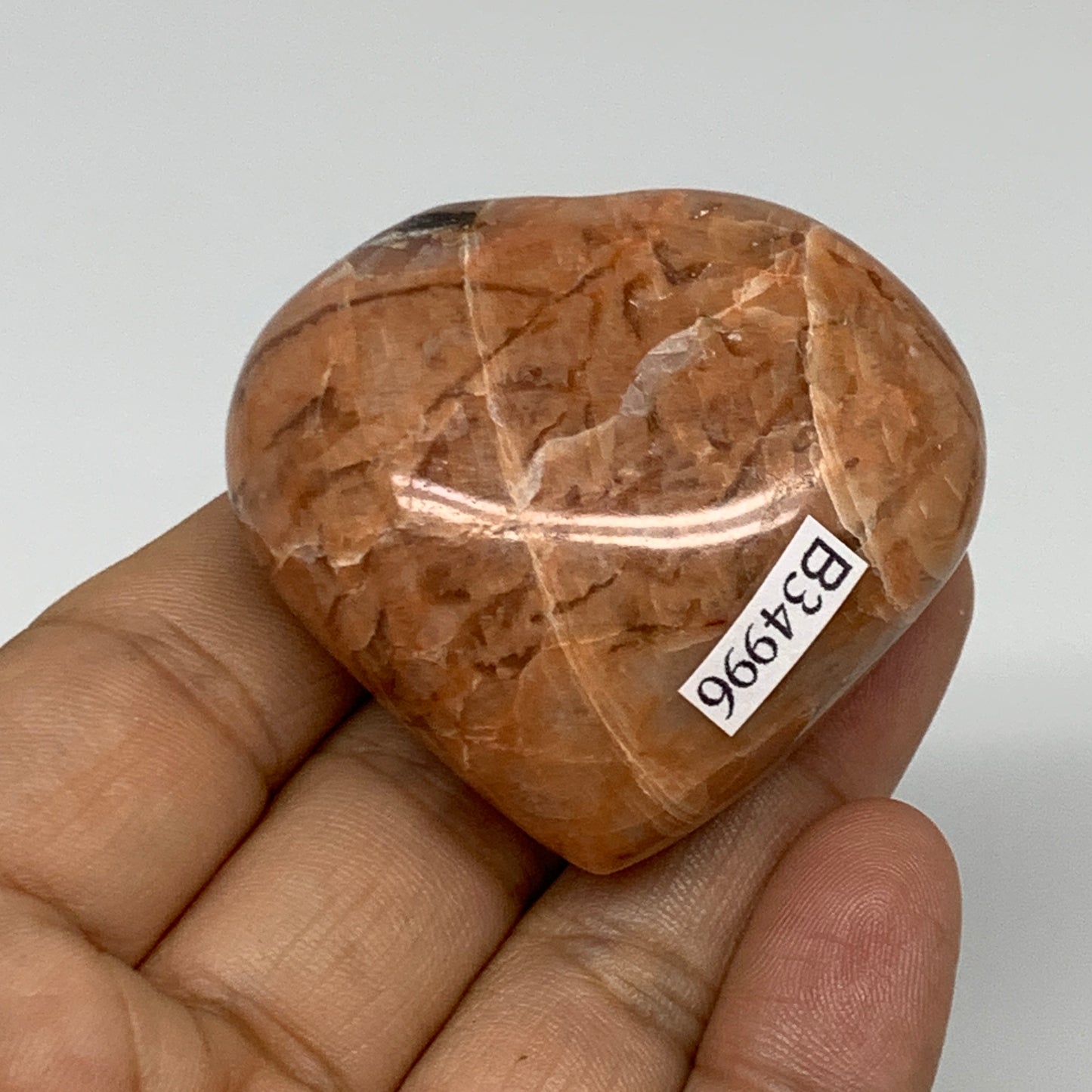 74.4g, 1.8"x2"x1", Peach Moonstone Heart Crystal Polished, B34996