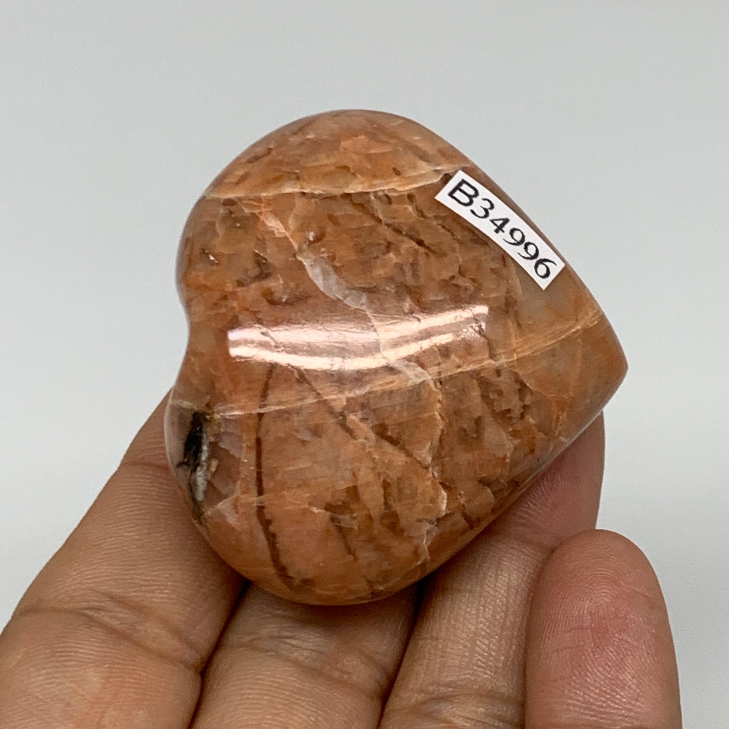74.4g, 1.8"x2"x1", Peach Moonstone Heart Crystal Polished, B34996