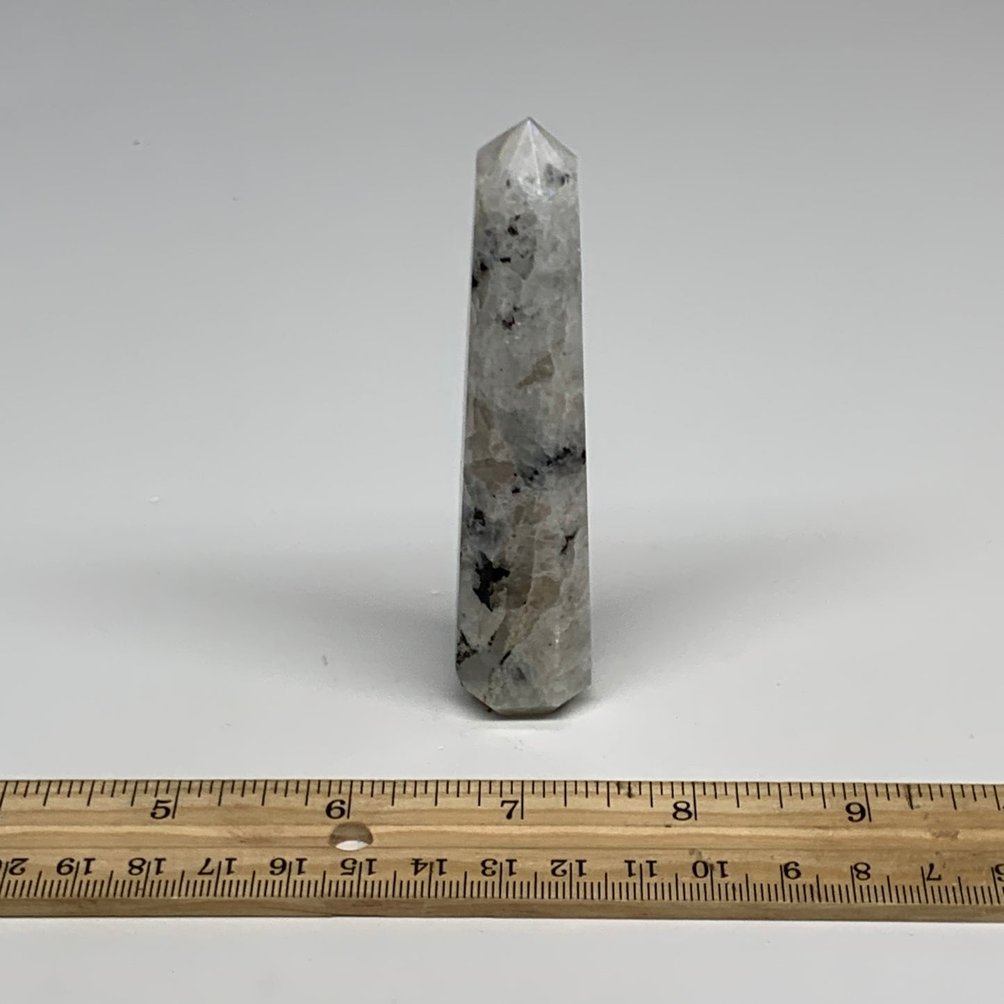 73.1g, 4"x0.9", Rainbow Moonstone Tower Obelisk Point Crystal @India, B29212