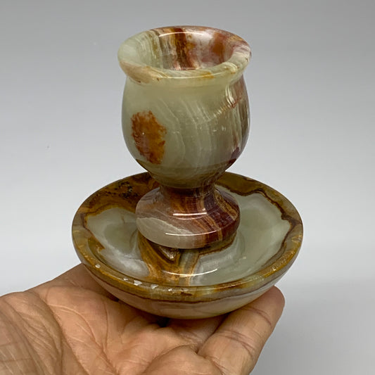 262g, 3.2"x1.5"x2.8", Natural Green Onyx Candle Holder Gemstone Hand Carved, B32