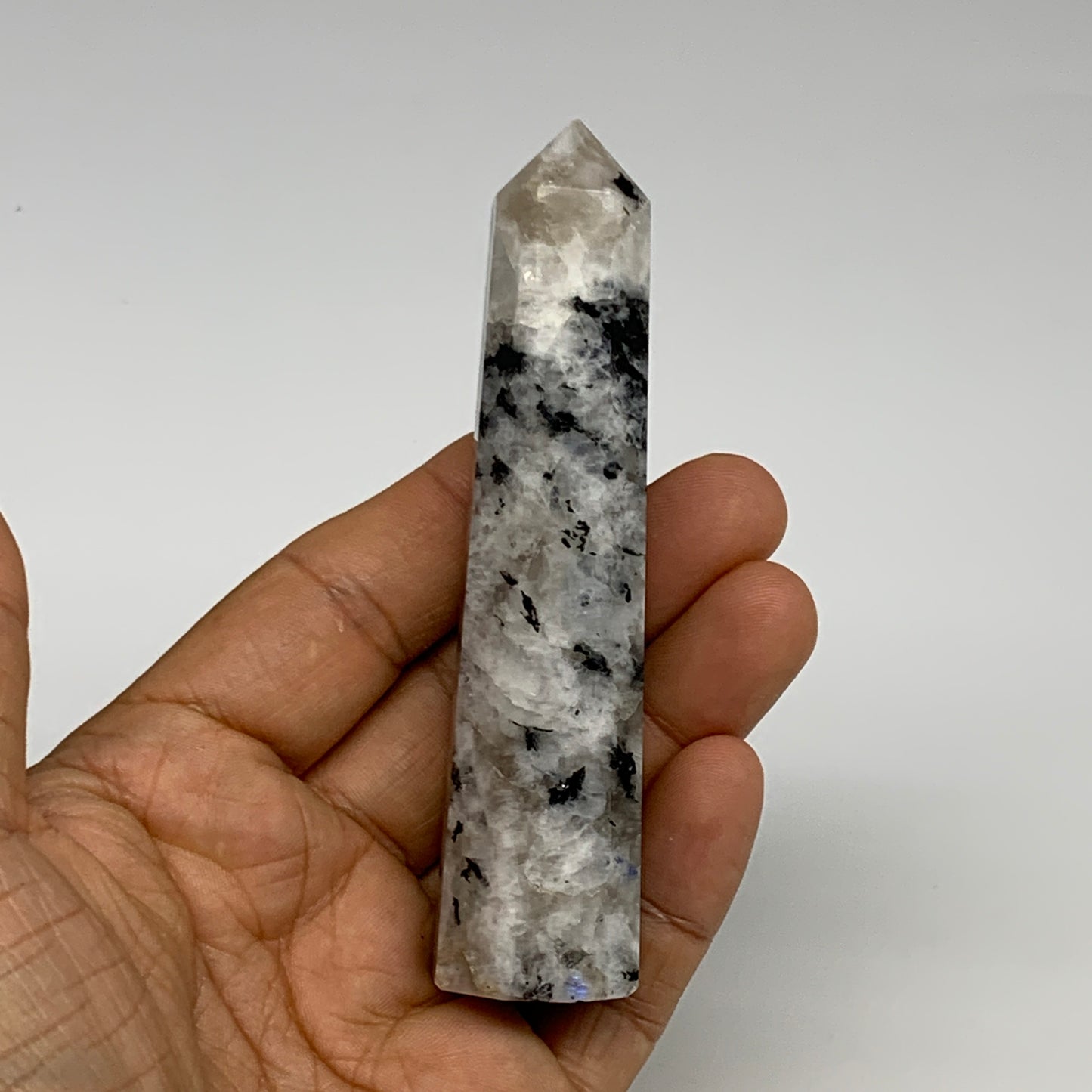 80.6g, 3.9"x0.9", Rainbow Moonstone Tower Obelisk Point Crystal @India, B29211