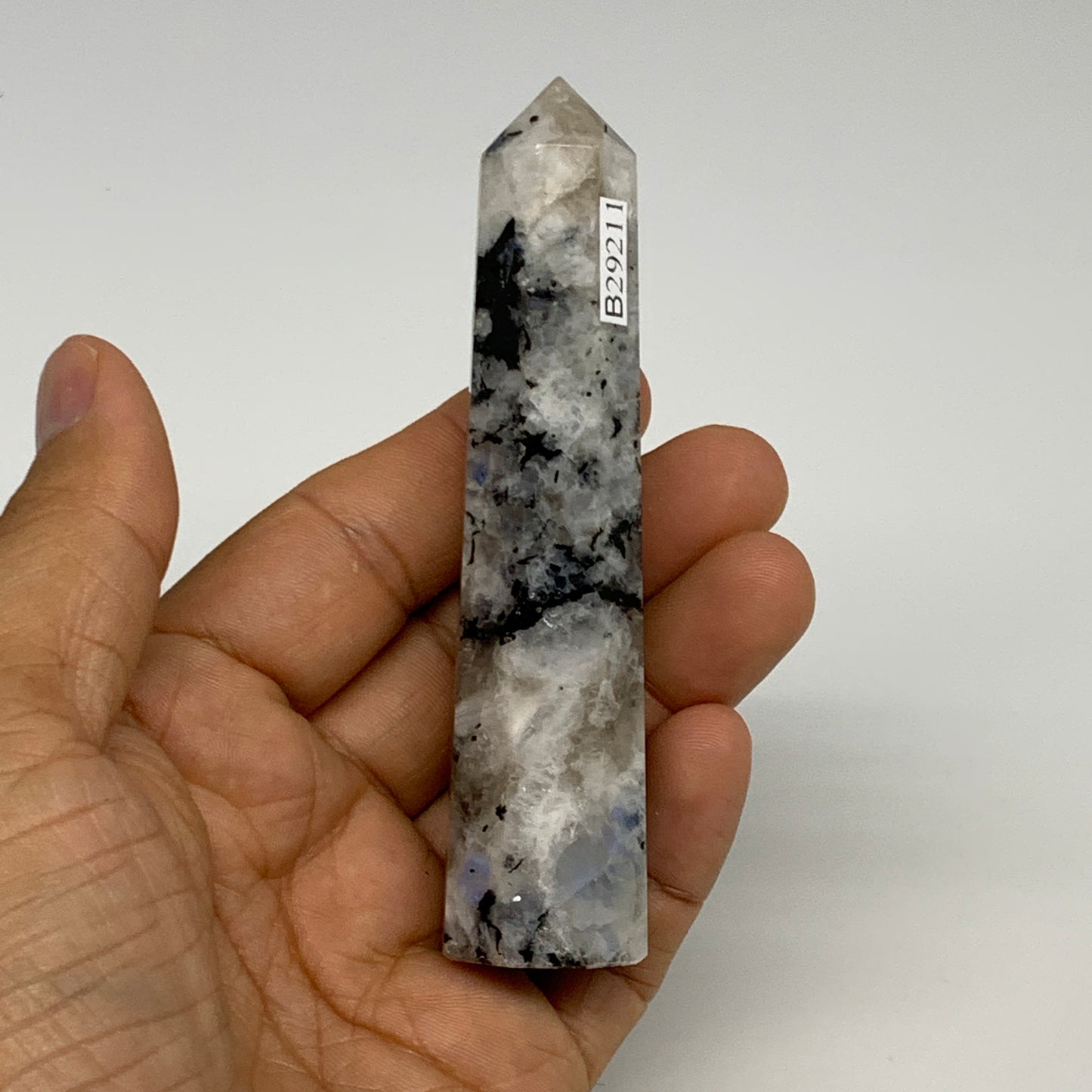 80.6g, 3.9"x0.9", Rainbow Moonstone Tower Obelisk Point Crystal @India, B29211
