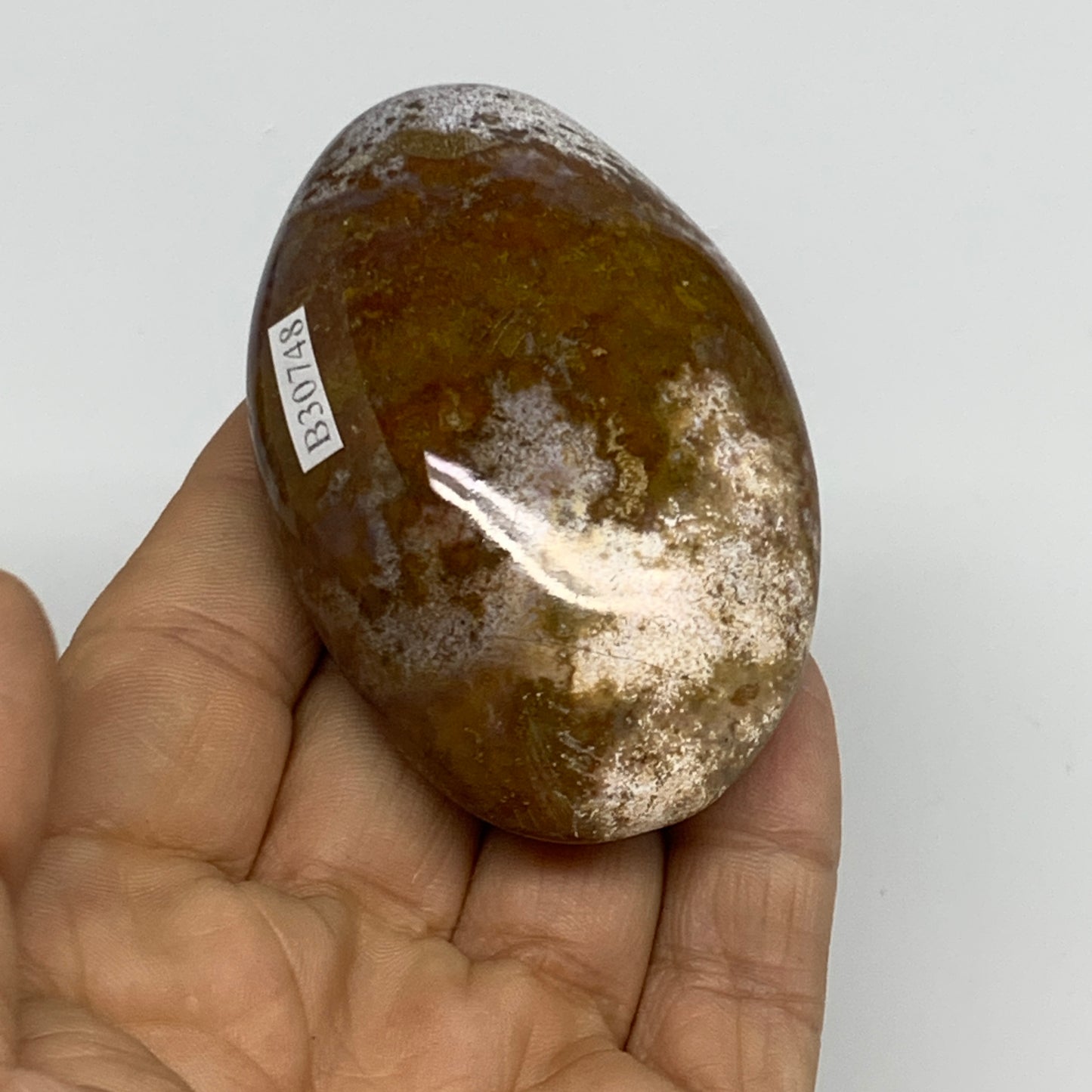 117.5g, 2.8"x1.8"x1" Natural Ocean Jasper Palm-Stone Orbicular Jasper, B30748