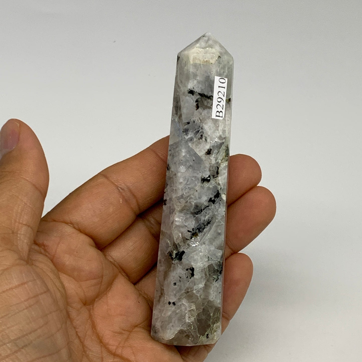 88.6g, 4.1"x0.9", Rainbow Moonstone Tower Obelisk Point Crystal @India, B29210