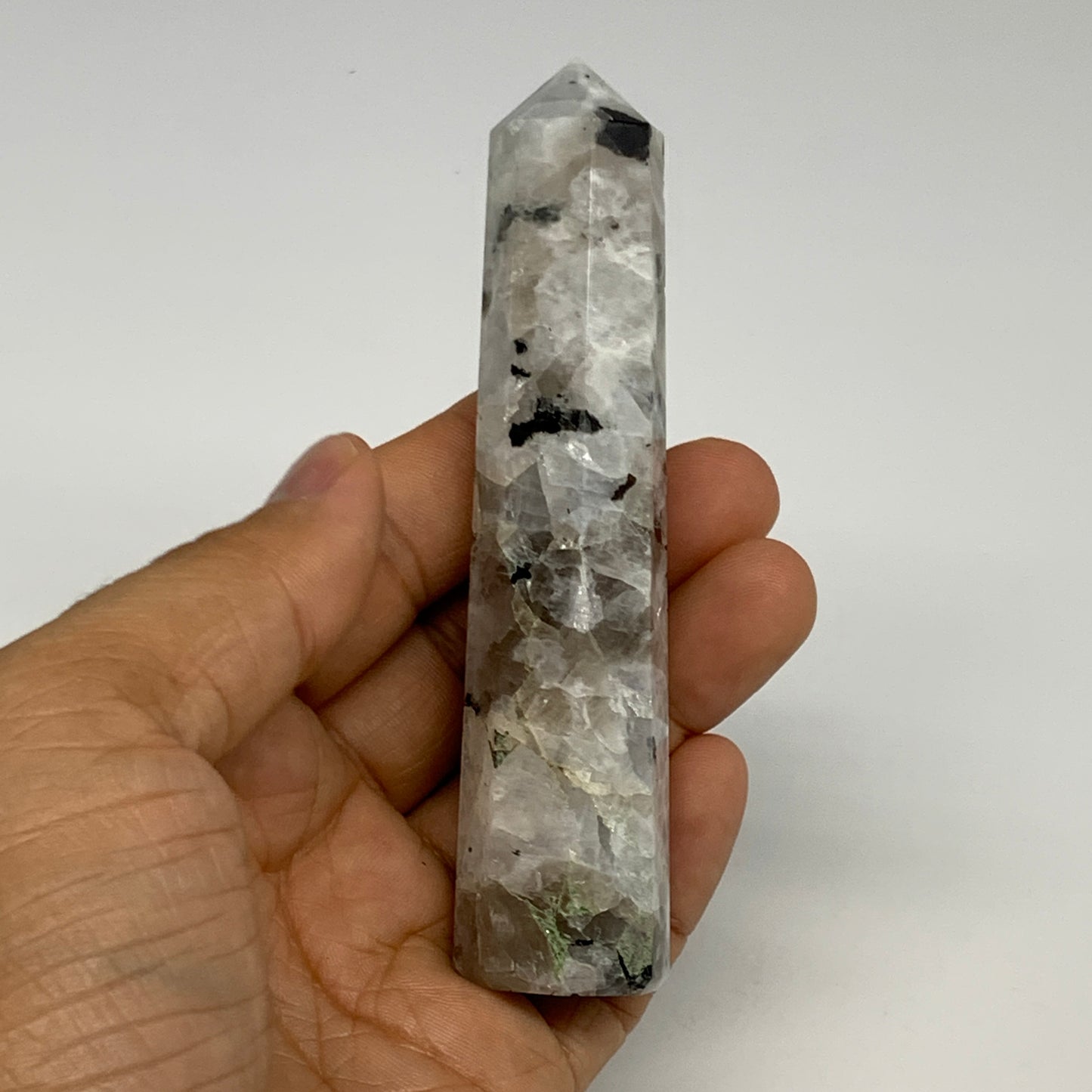 88.6g, 4.1"x0.9", Rainbow Moonstone Tower Obelisk Point Crystal @India, B29210