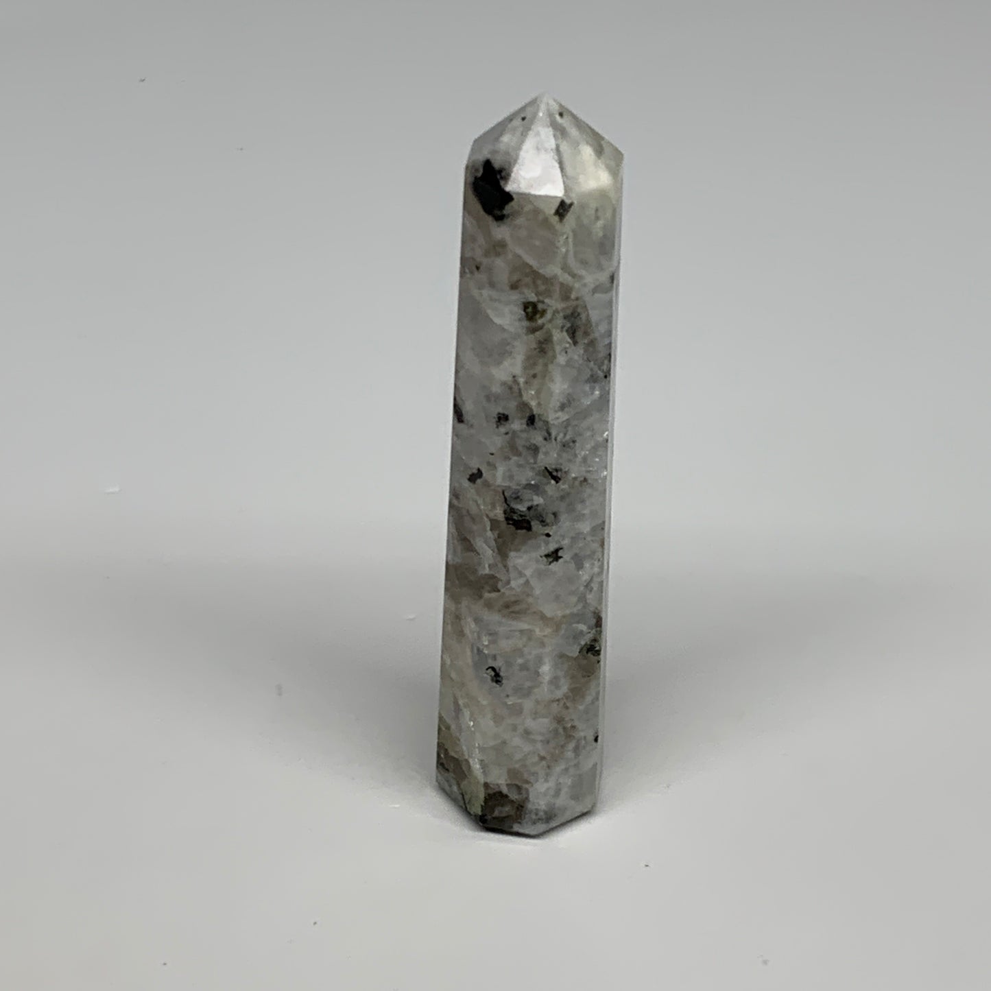 88.6g, 4.1"x0.9", Rainbow Moonstone Tower Obelisk Point Crystal @India, B29210