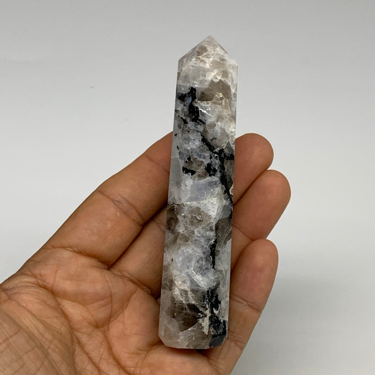 89.9g, 3.9"x0.9", Rainbow Moonstone Tower Obelisk Point Crystal @India, B29209