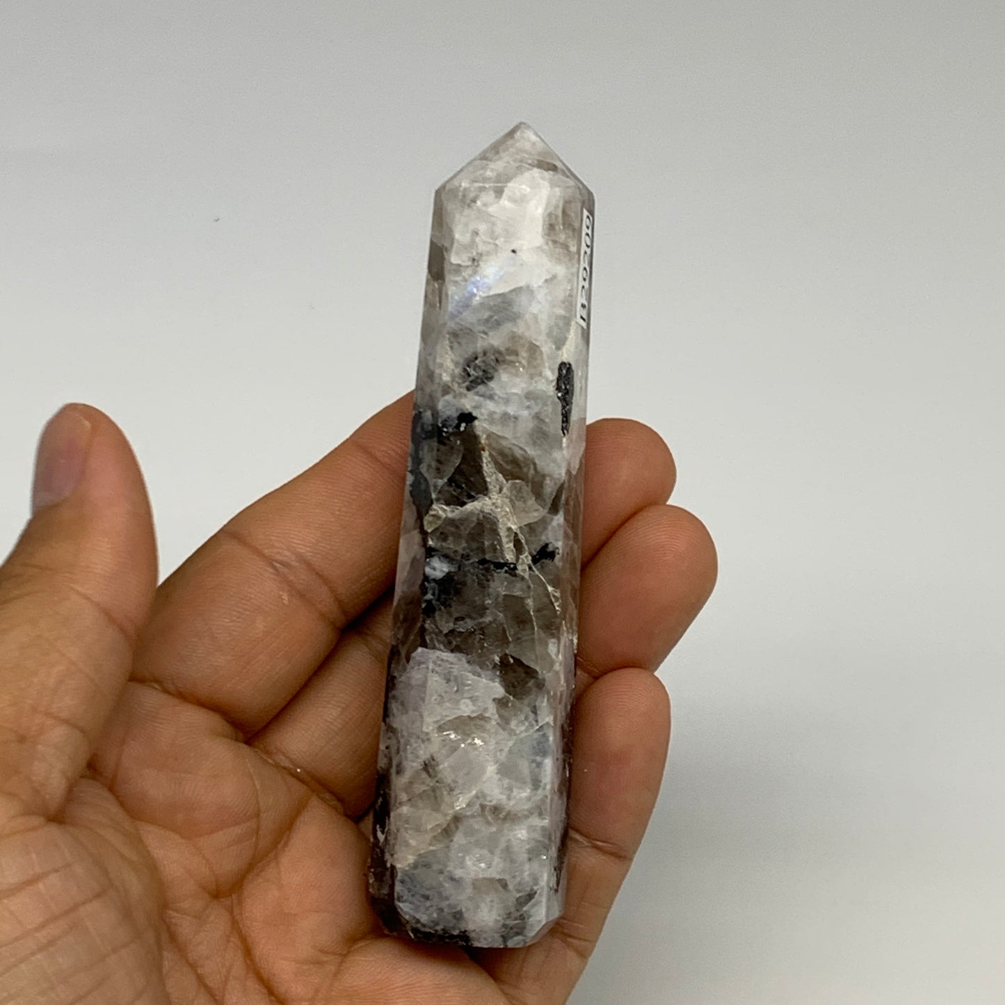 89.9g, 3.9"x0.9", Rainbow Moonstone Tower Obelisk Point Crystal @India, B29209