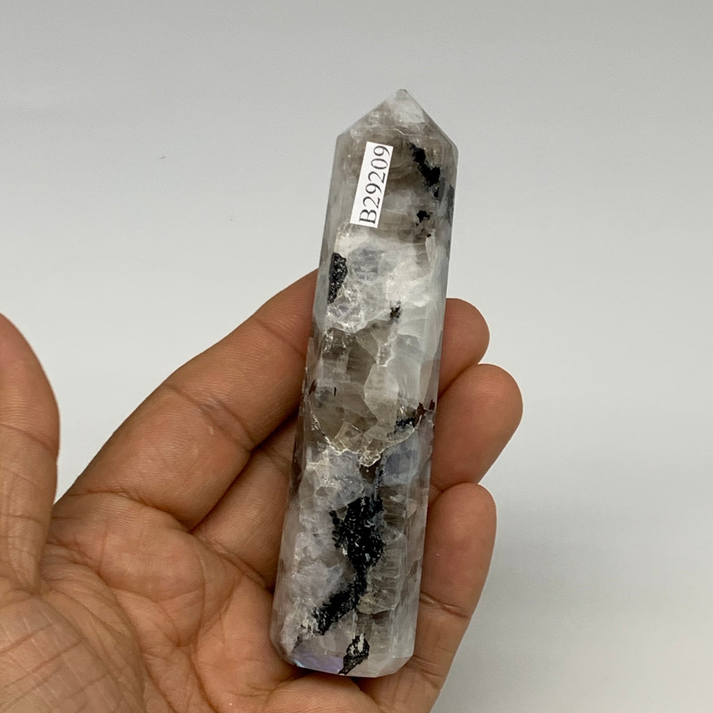 89.9g, 3.9"x0.9", Rainbow Moonstone Tower Obelisk Point Crystal @India, B29209