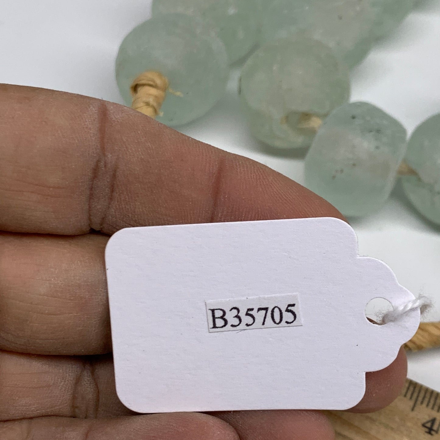 0.95 lbs, 15mm-23mm, 1 Strand, 31 beads, Green/Blue Sea Glass Beads, B35705