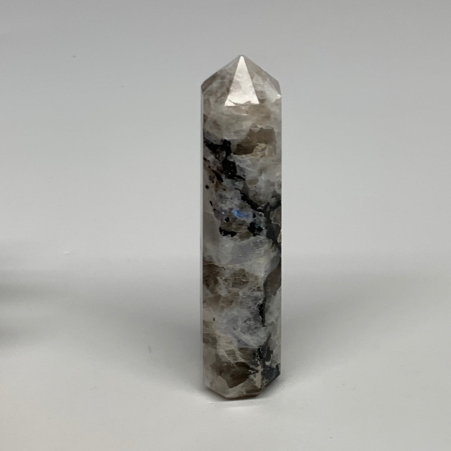 89.9g, 3.9"x0.9", Rainbow Moonstone Tower Obelisk Point Crystal @India, B29209