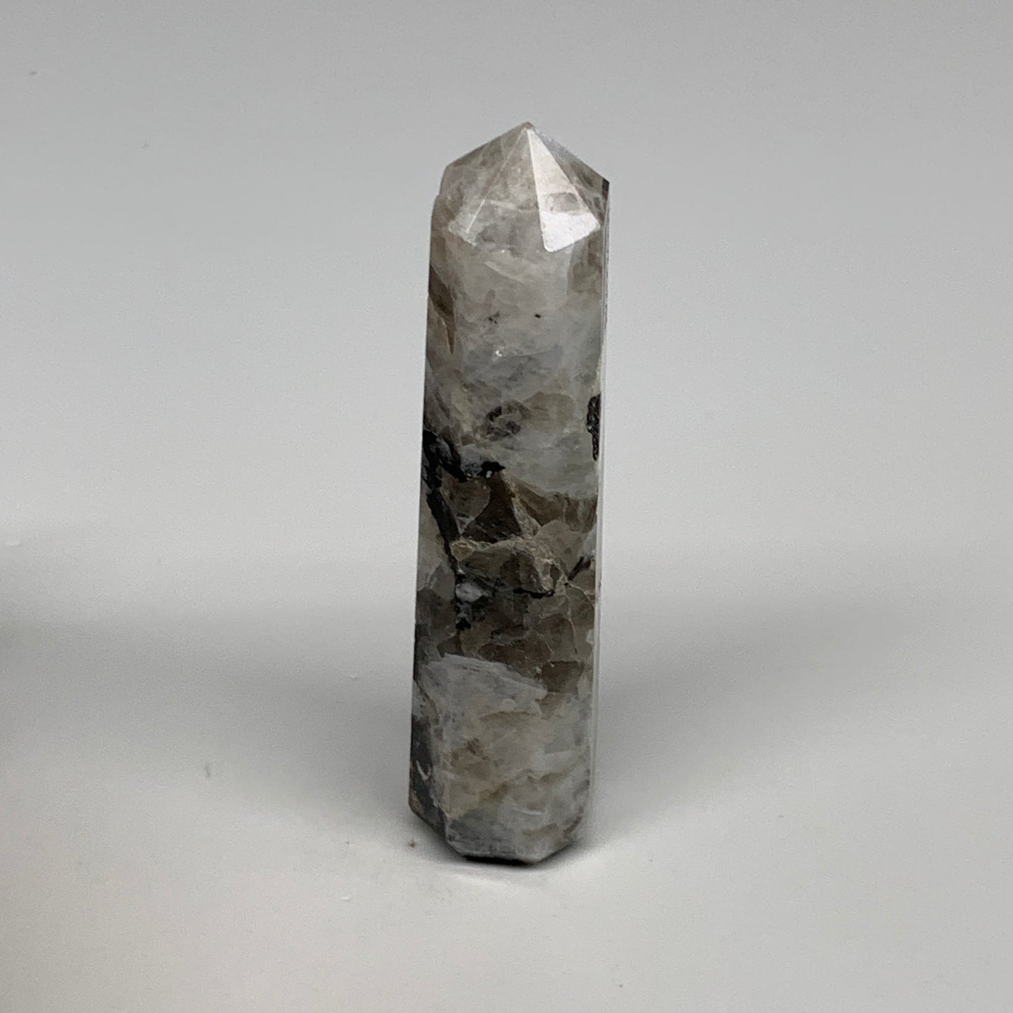 89.9g, 3.9"x0.9", Rainbow Moonstone Tower Obelisk Point Crystal @India, B29209