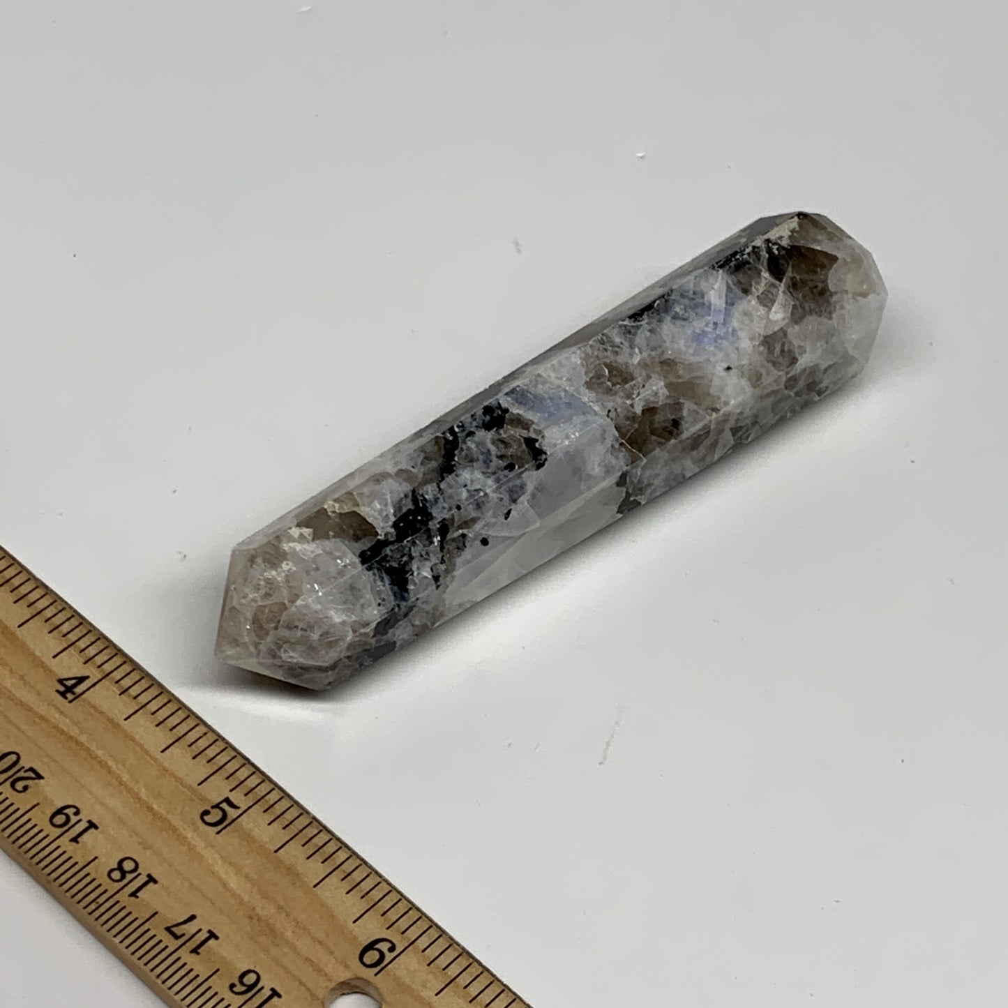 89.9g, 3.9"x0.9", Rainbow Moonstone Tower Obelisk Point Crystal @India, B29209