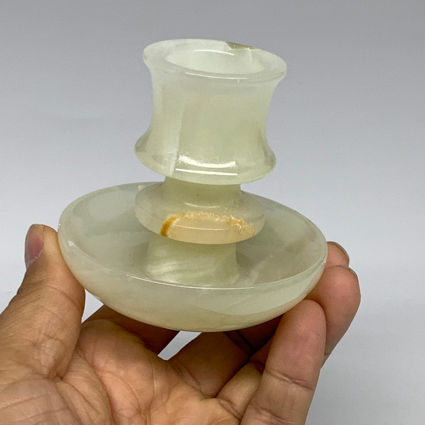 191g, 2.6"x1.4"x2.9", Natural Green Onyx Candle Holder Gemstone Hand Carved, B32