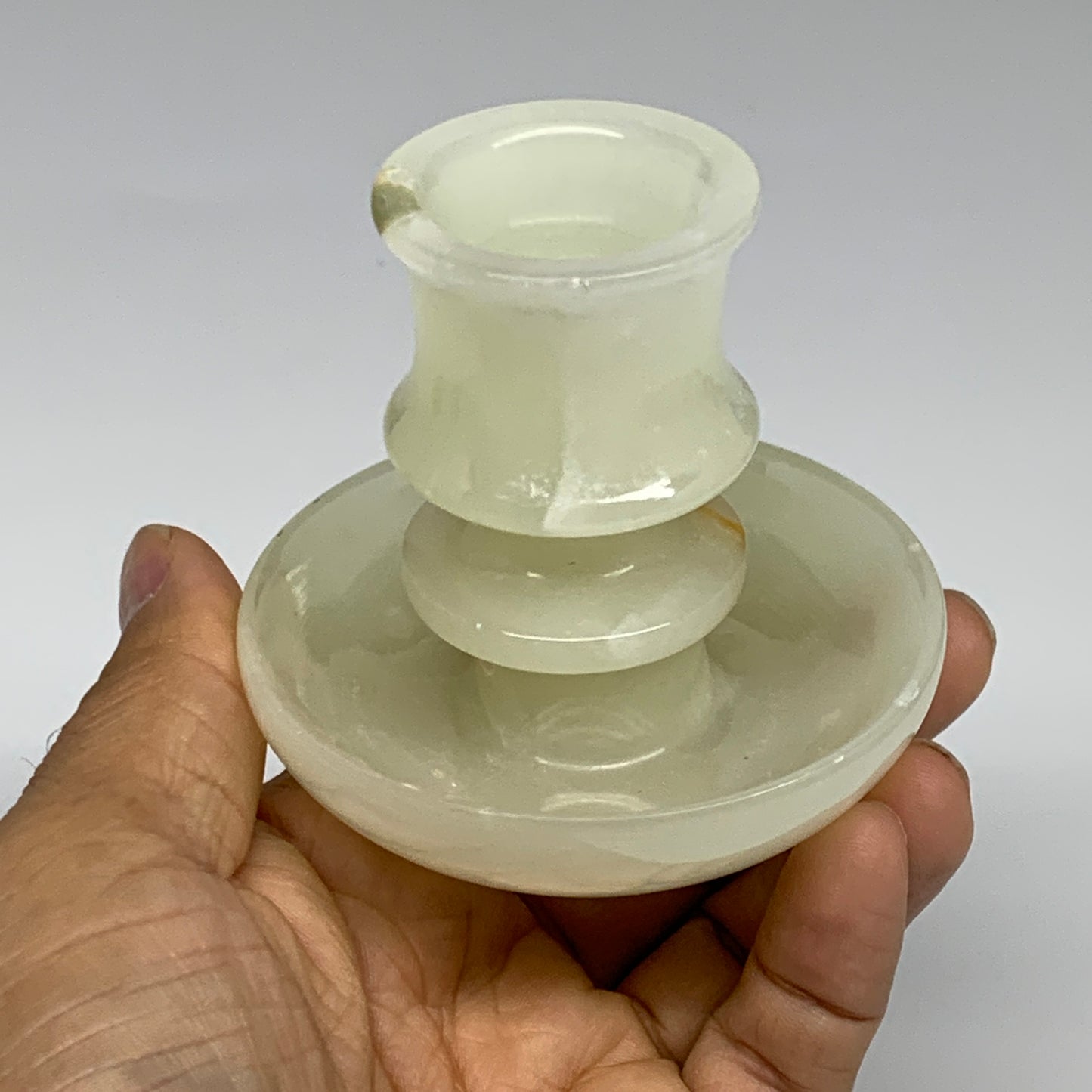 191g, 2.6"x1.4"x2.9", Natural Green Onyx Candle Holder Gemstone Hand Carved, B32