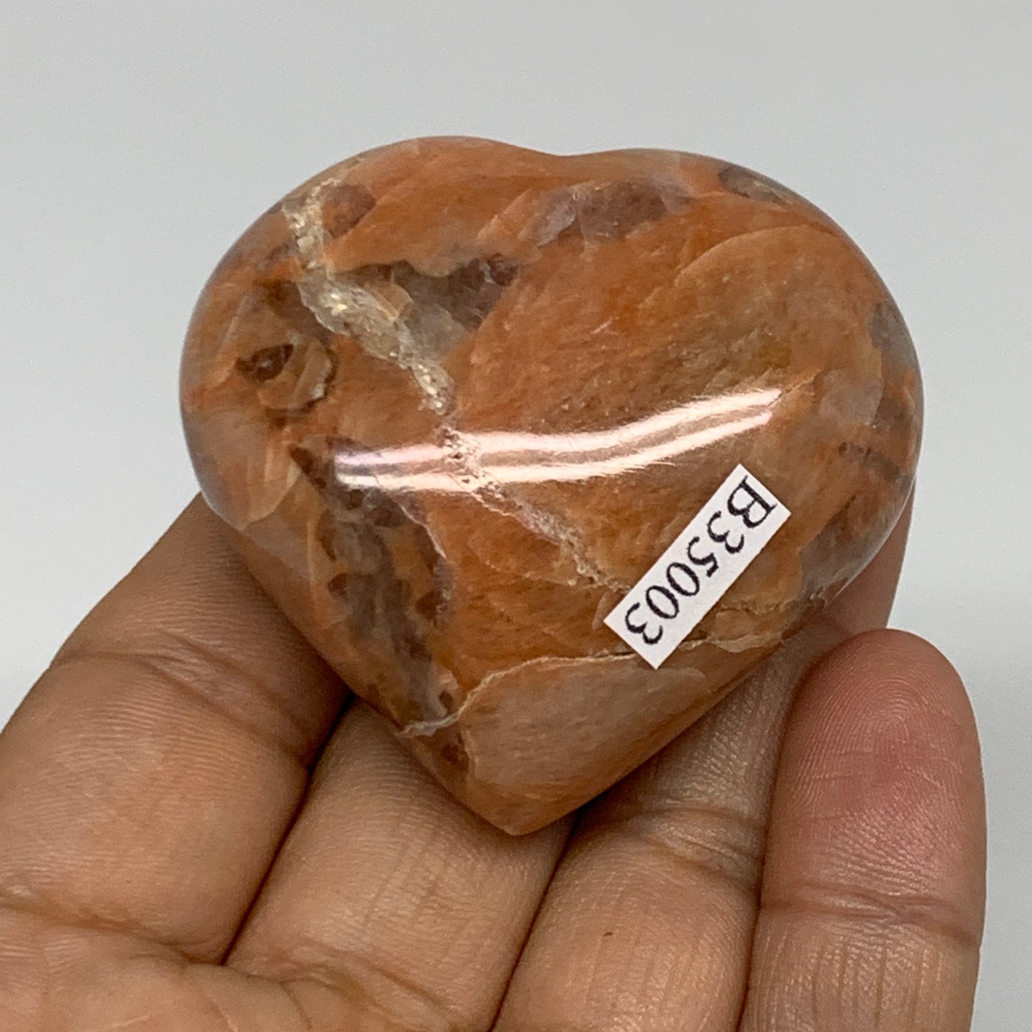 79.6g, 1.9"x2"x1", Peach Moonstone Heart Crystal Polished, B35003