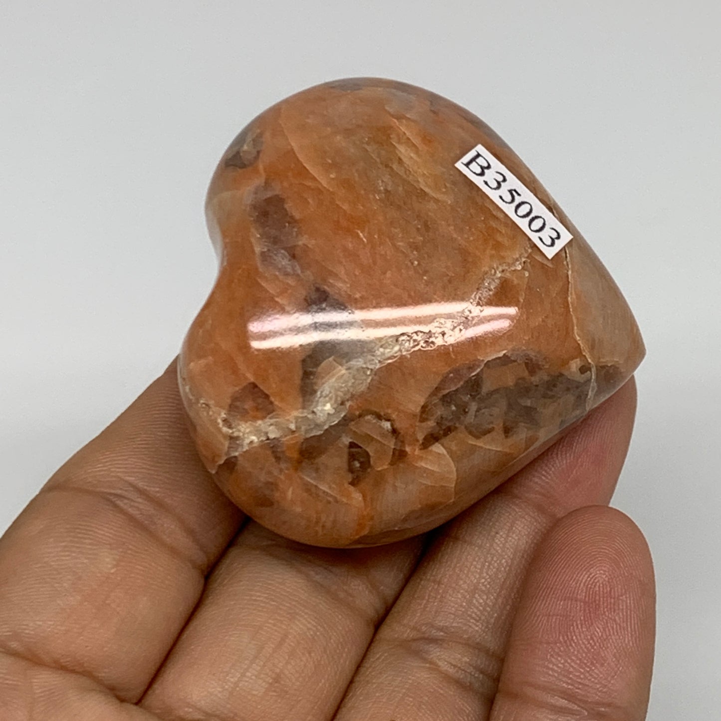 79.6g, 1.9"x2"x1", Peach Moonstone Heart Crystal Polished, B35003