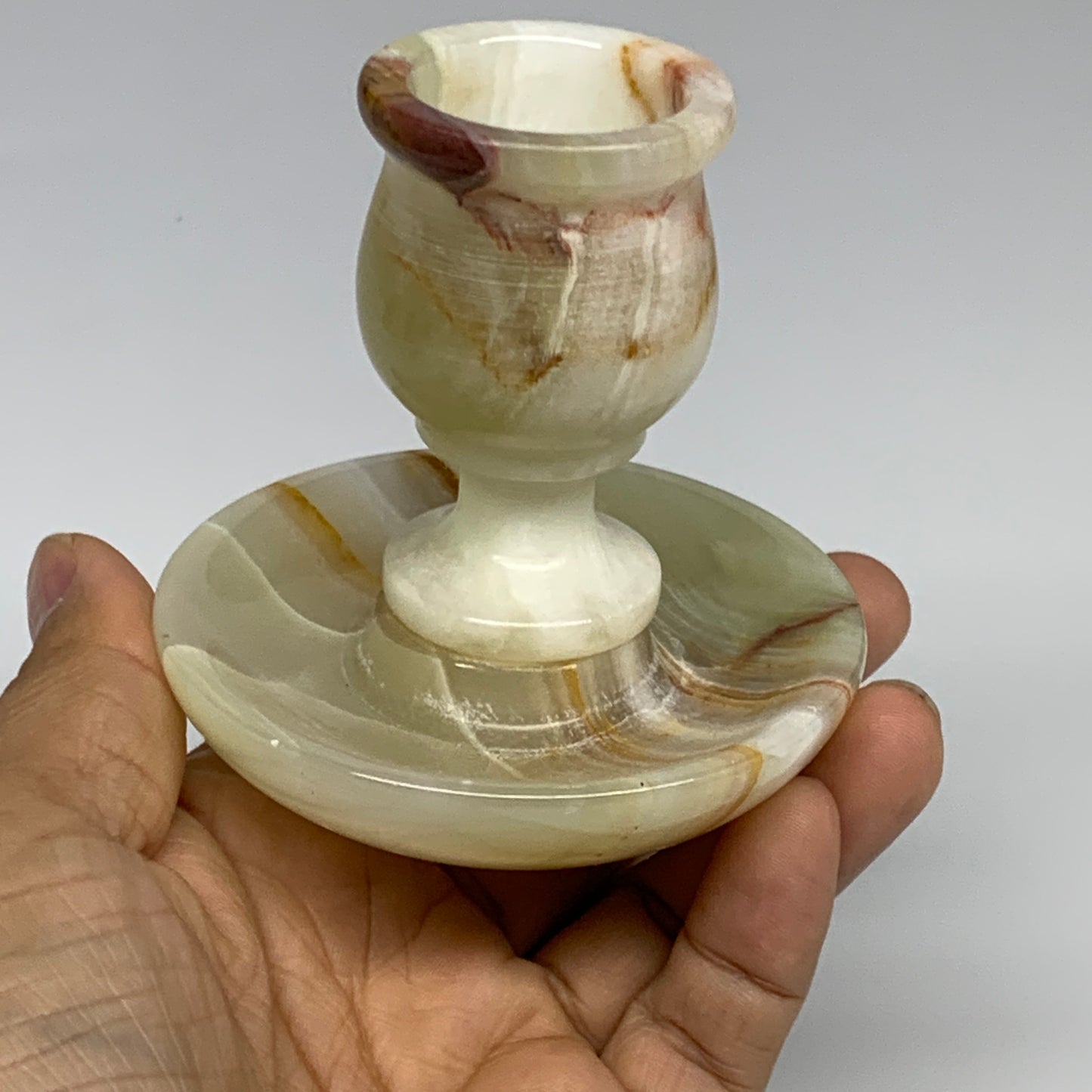 239g, 3"x1.4"x3", Natural Green Onyx Candle Holder Gemstone Hand Carved, B32209