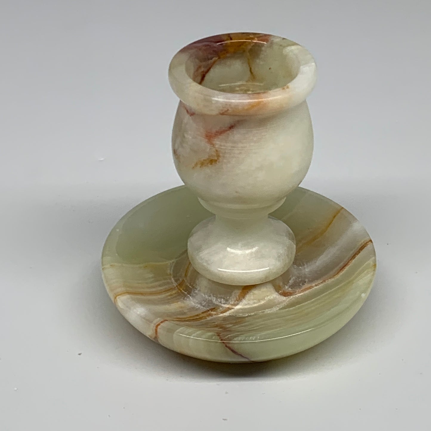 239g, 3"x1.4"x3", Natural Green Onyx Candle Holder Gemstone Hand Carved, B32209